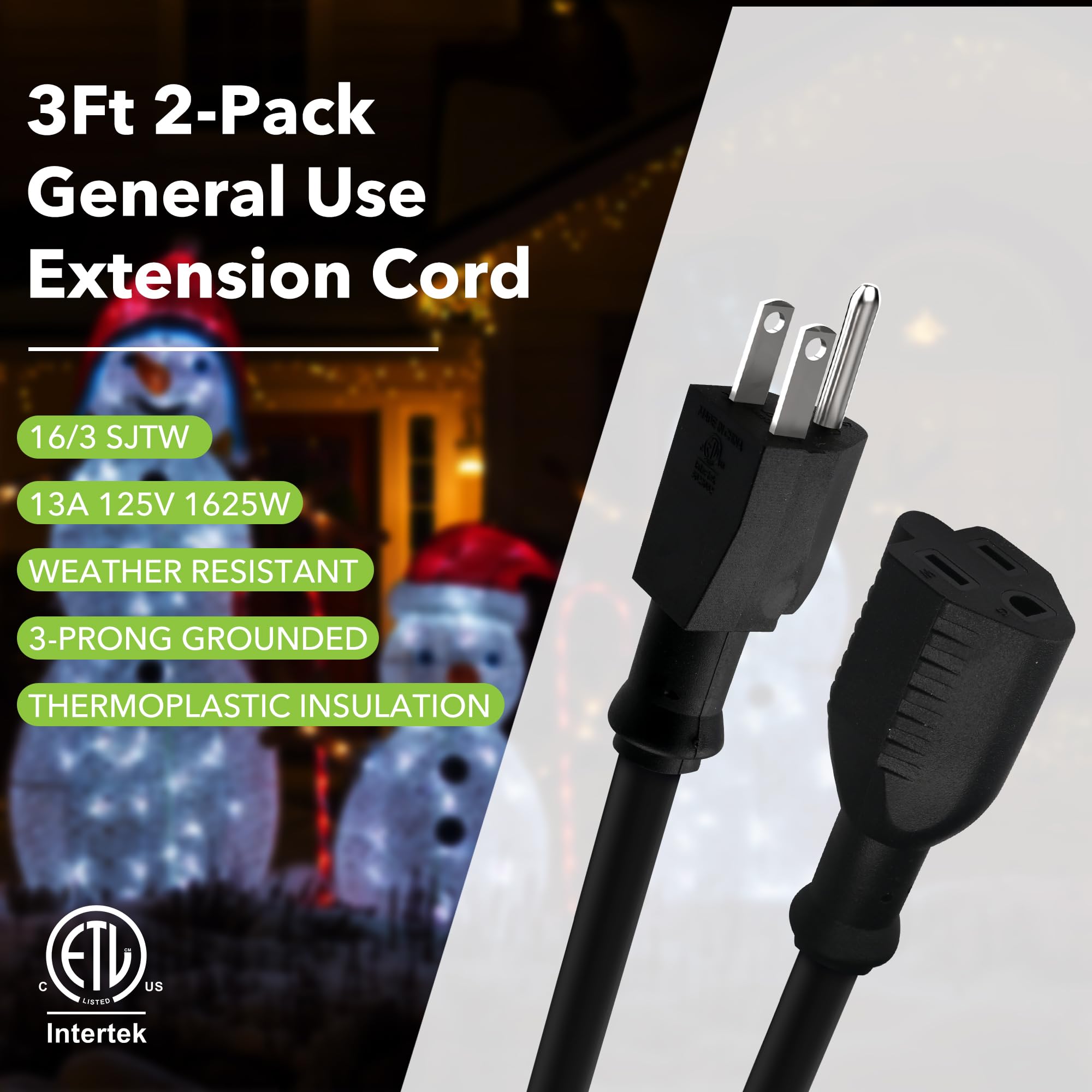 BN-LINK Cable de Extensión 3 pies 16/3 SJTW, 2 Paquetes, Negro, 3 Clavijas, Resistente al Clima, Retardante de Llama, para Jardín y Decoraciones, ETL