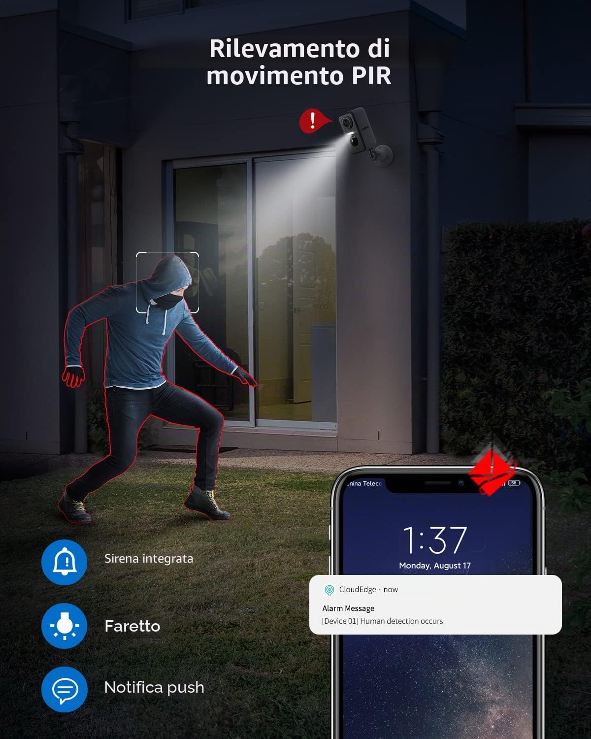 DEATTI 2K Telecamera Wi-Fi Interno/Esterno Senza Fili a Batteria, Videocamera Sorveglianza Interno, Rilevatore di Movimento PIR, Visione Notturna a Colori, Audio a 2 Vie, Sirena, IP66, SD/Cloud