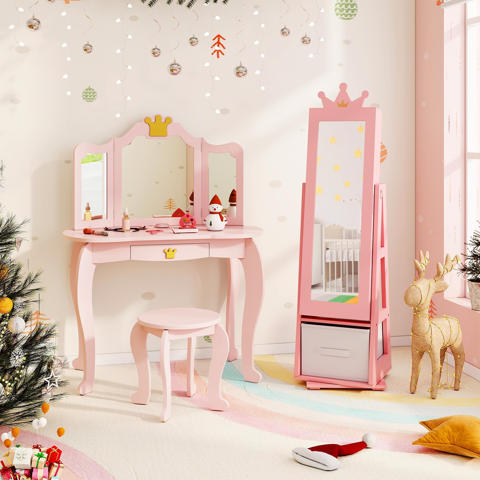 GOPLUS Armario para Joyas de Niños con Espejo de Cuerpo Completo, Armario Joyero Infantil con Cajón Plegable, Mueble de la Joyería para Dormitorio y Sala de Juegos de Niños de 3+ Años (Rosa)