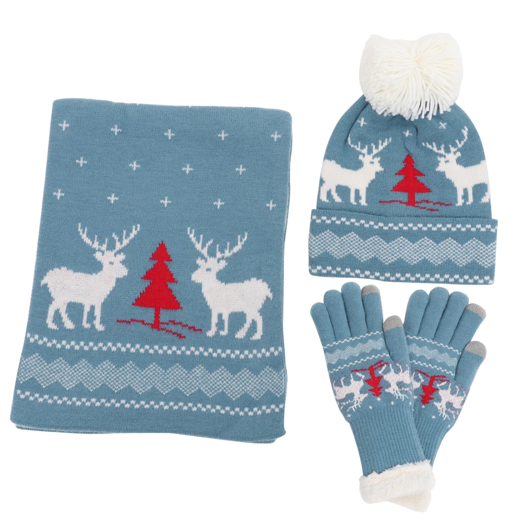 Ipetboom Weiches Warmes Weihnachts Strickset Damen Mütze Schal Handschuhe Winddicht Gestrickt Kuschelig für Winter Ski Party Familie Vielseitig Blau