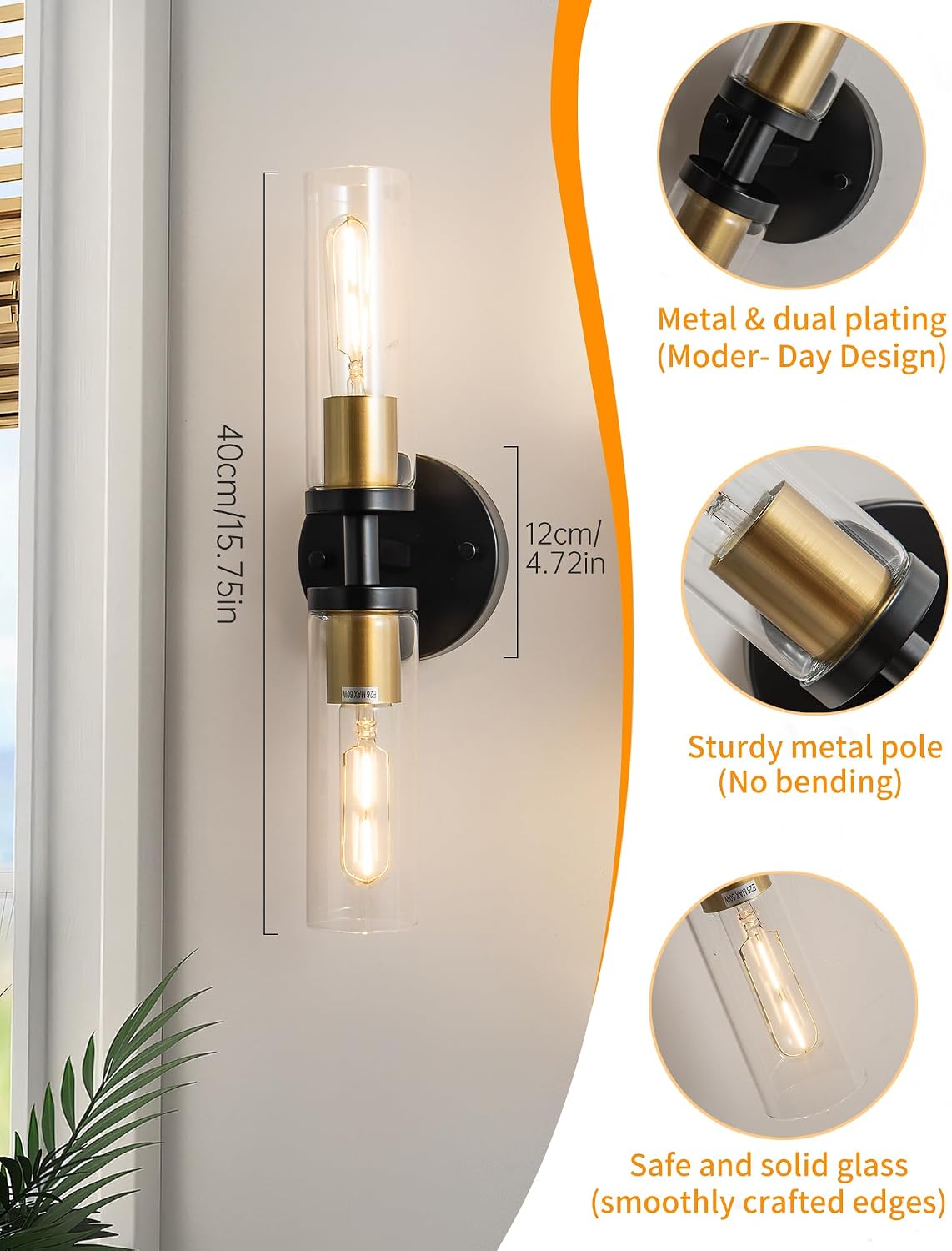 KSRYSZCQ Wall Sconces Set of Two Black and Gold Bathroom Wall Sconce with Clear Glass 15.75" Modern Wall Sconces for Bathroom Living Room Hallway Bedroom Kitchen