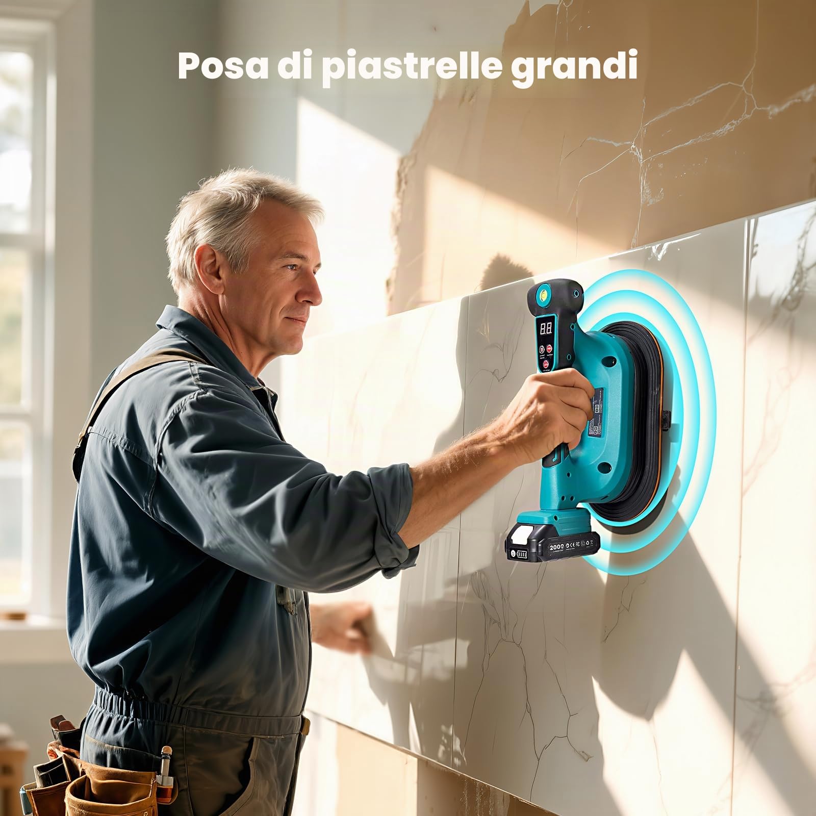 SEESII Vibratore per Piastrelle 285 mm, 2-in-1 Ventosa Vibrante per Piastrelle & Strumento di Vibrazione, 12 Velocità, Batteria 10 Ore, Livella – Vibratore Piastrelle per Formati Grandi (K919B)
