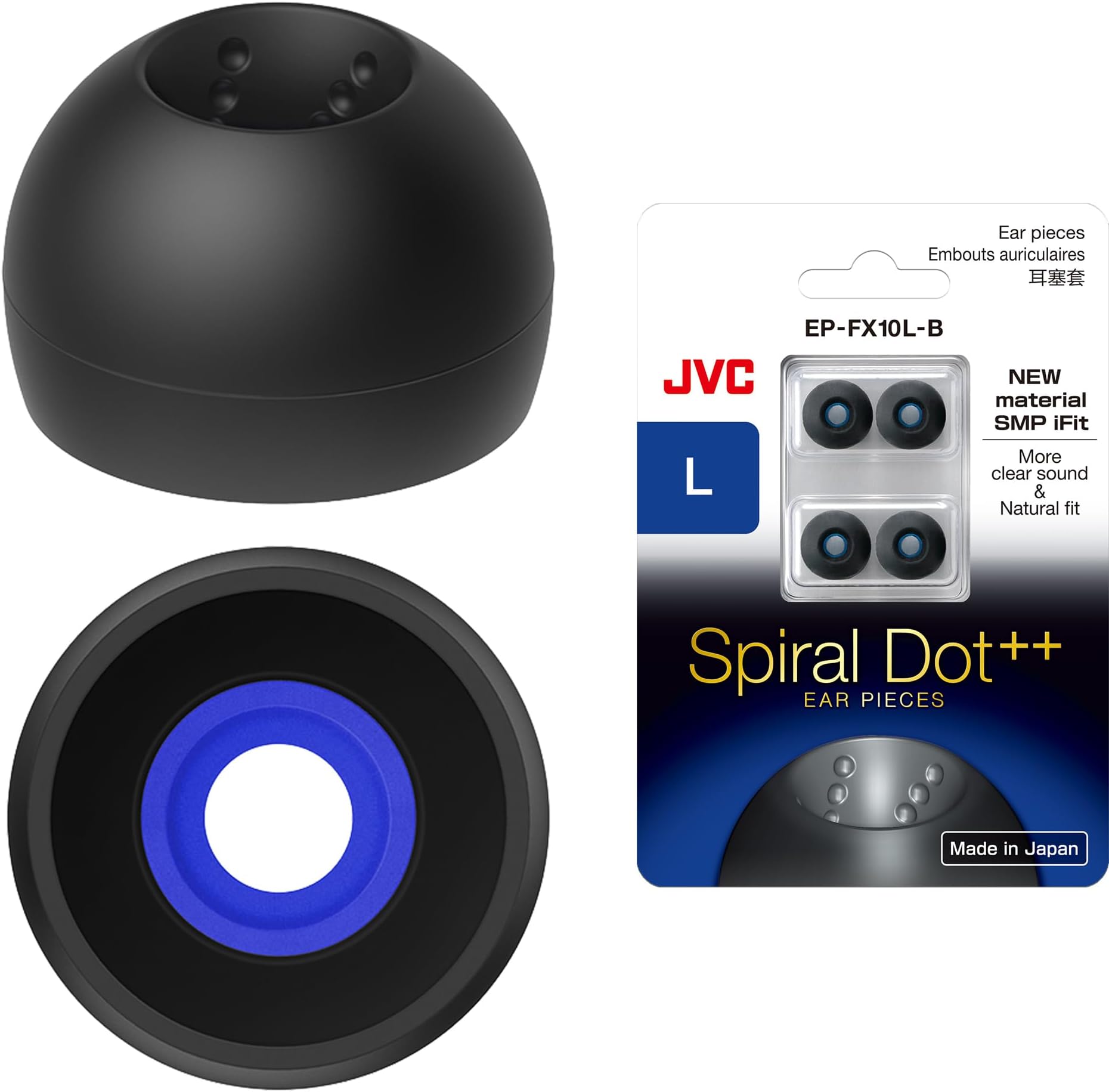 JVC EP-FX10 Spiral Dot Earpieces – Set of (4) Eartips, Sizes Small Through Large, Fits Many JVC Models (Large) Black