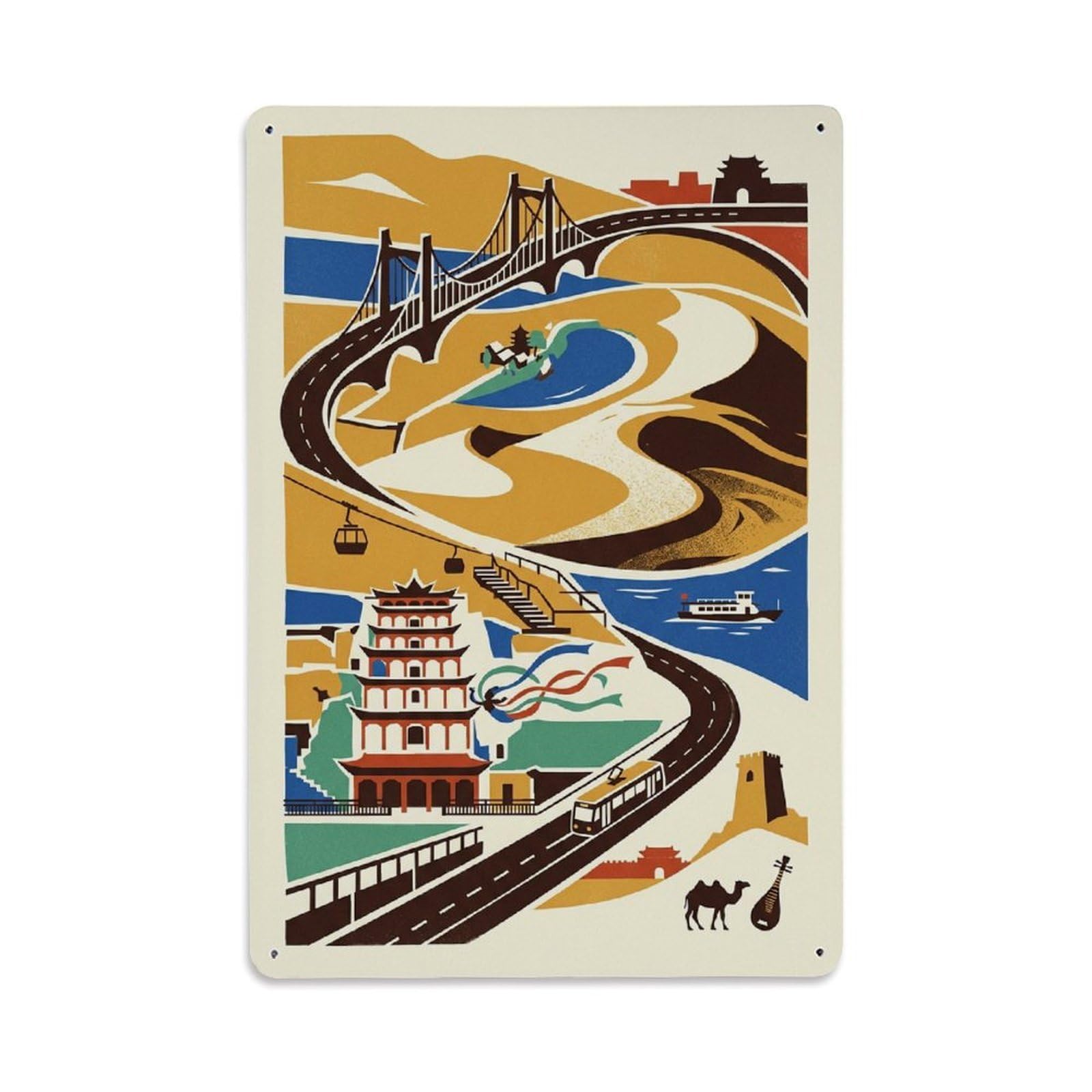 China Dunhuang Vintage Travel Urban Bridge Cityscape Metal Tin Sign Plaque Wall Decor for Cafe, Man Cave, Club Bar, Office, Home Garden Round Metal Poster 8x12Inch