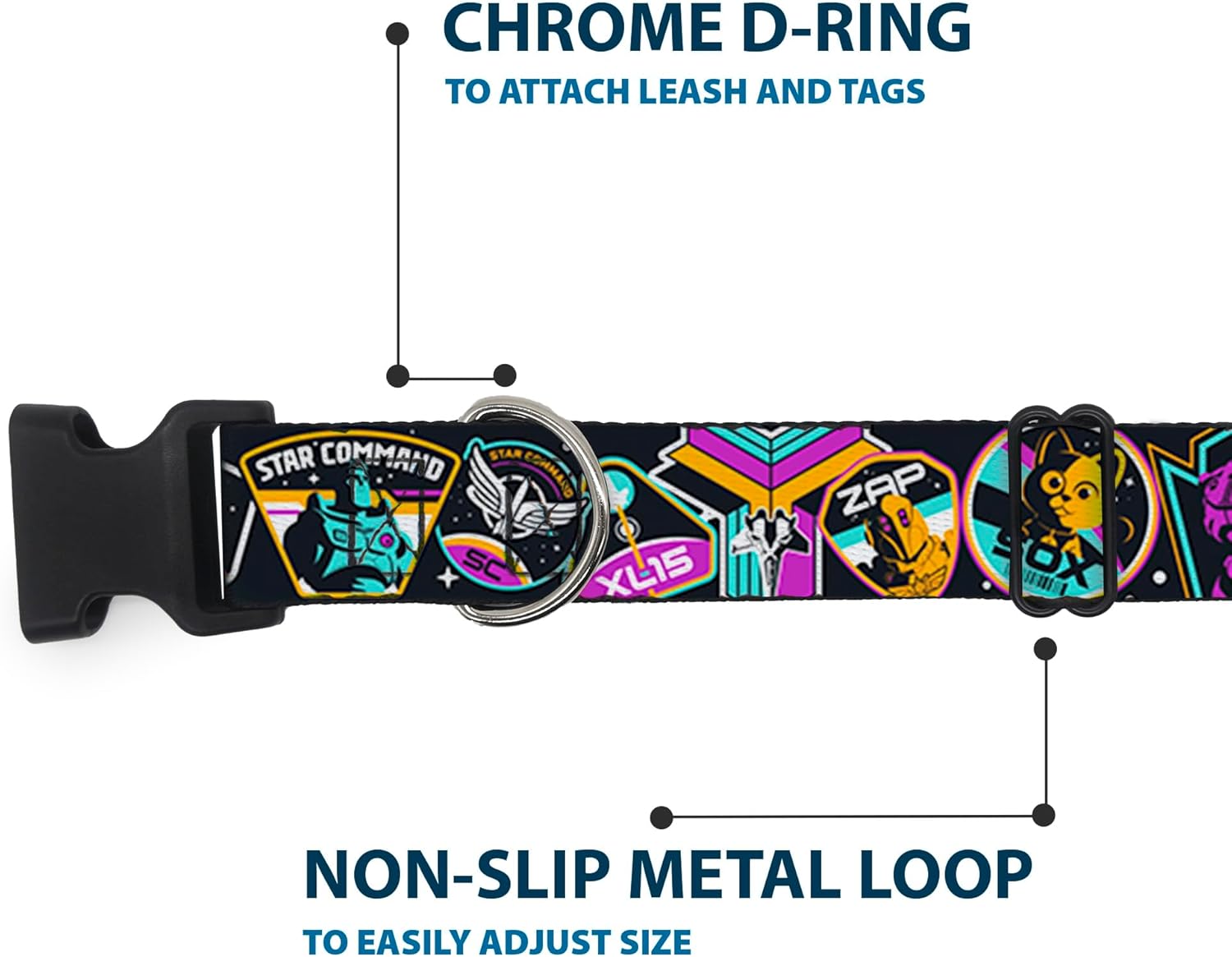 Disney Pet Collar, Dog Collar Plastic Buckle, Lightyear Mission Patches Collage Black Multi Color, 13 to 17 Inches 1.5 Inch Wide