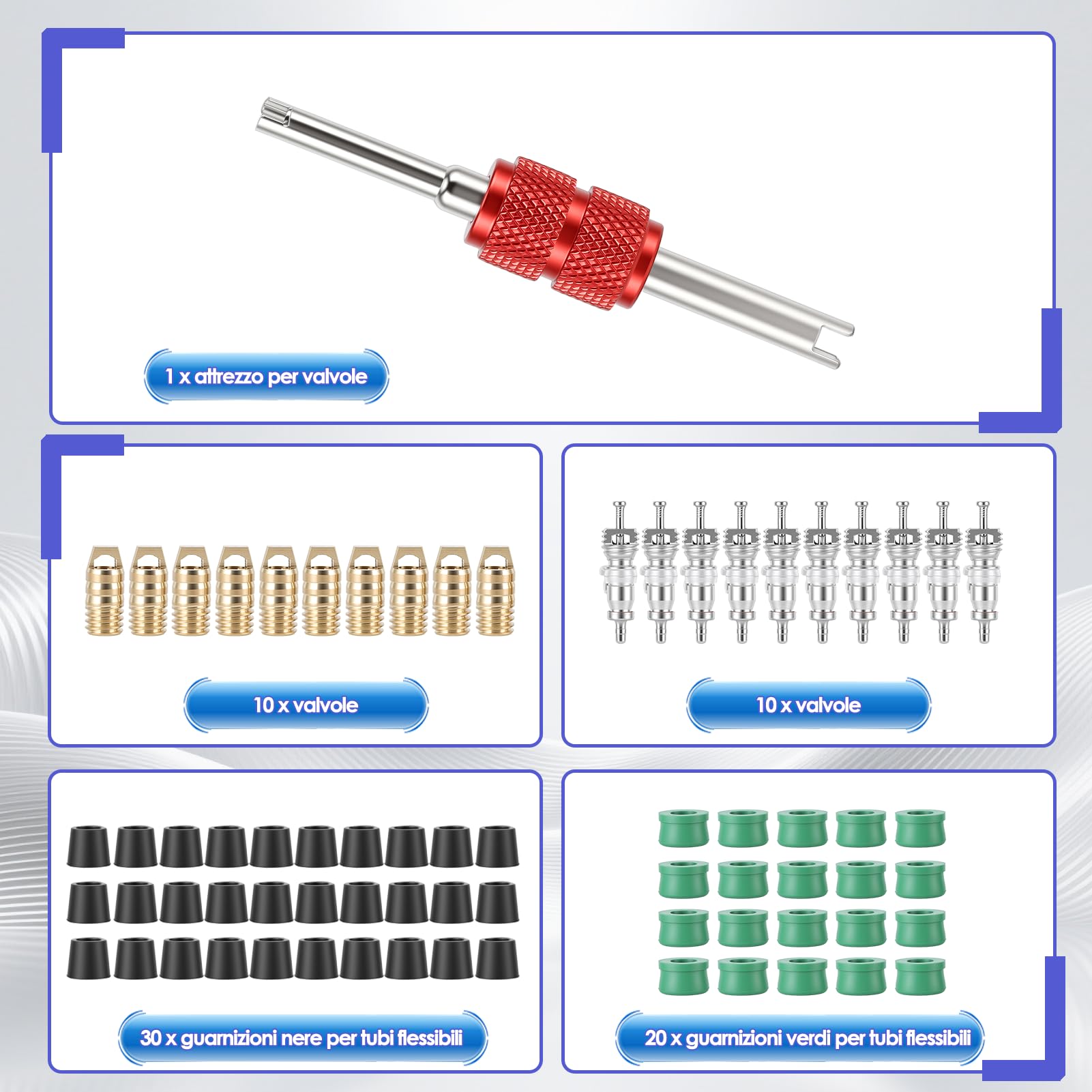 Akozon Kit Riparazione Aria Condizionata Auto 71pezzi, 10 Nuclei Valvola + 50 Guarnizioni Fruste + 10 Valvole, Kit Guarnizioni Condizionamento con Strumento Universale