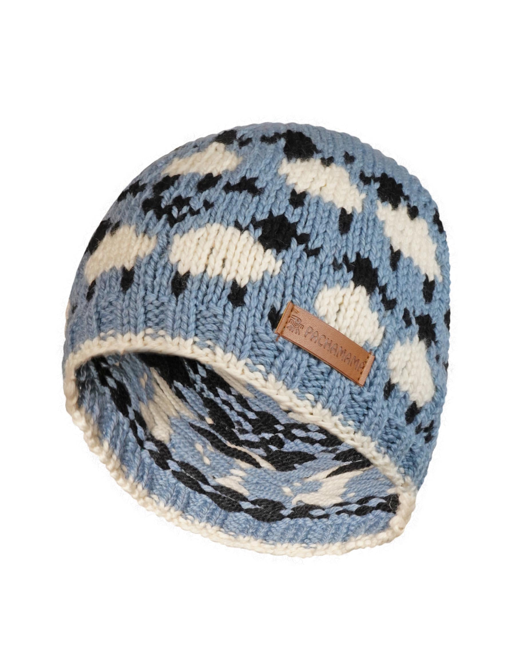 Pachamama Women 100% Pure Fine Merino Wool Beanie Hat Handknitted Sheep Flock Design One-Size Handmade Soft Warm Breathable Moisture Wicking Fair Trade (UK, Alpha, One Size, Blue)