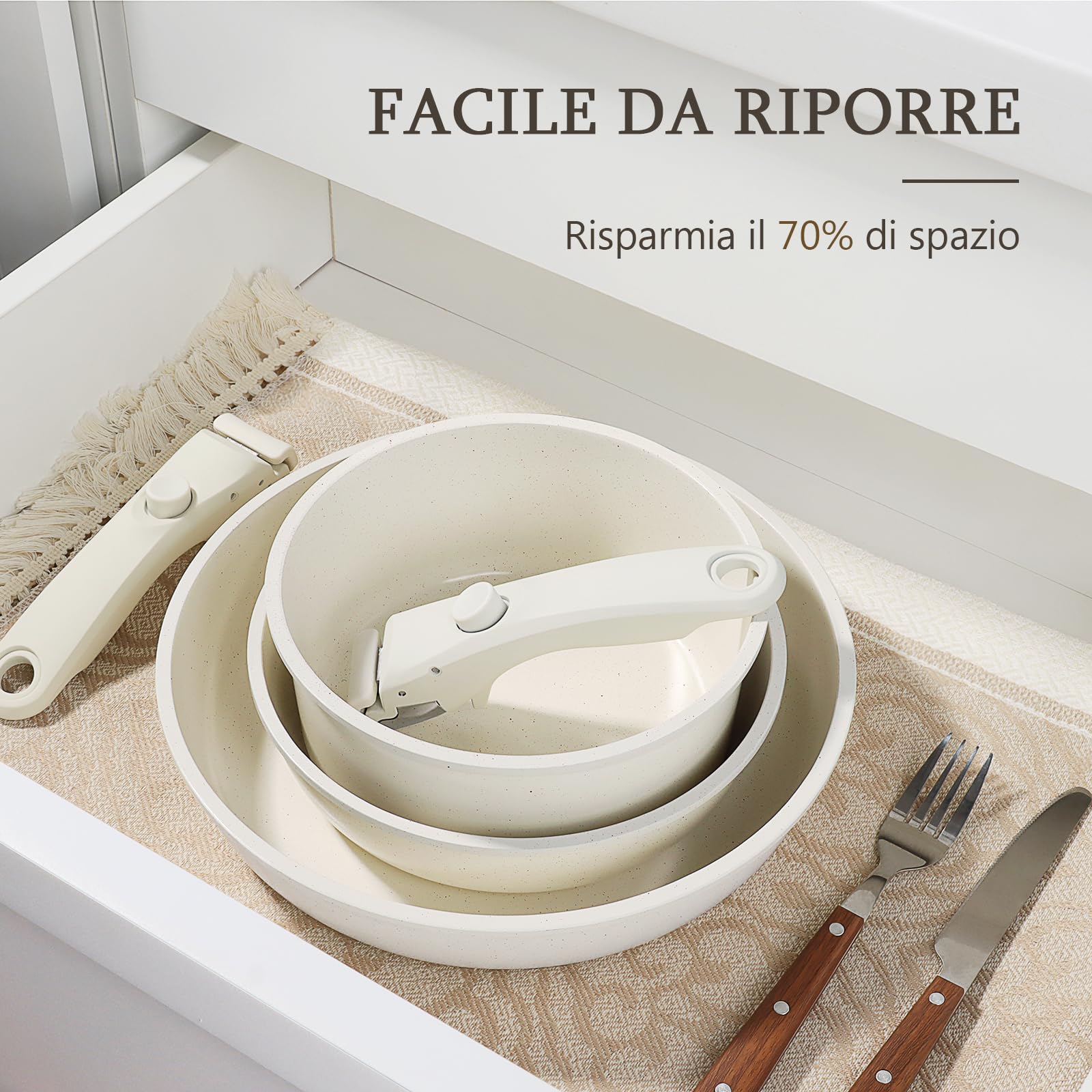 GiPP Set di Pentole e Padelle Ceramiche Antiaderenti 11 Pezzi con Manico Amovibile - Cucina Sana per Camper, Senza Tossine, Compatibile Induzione/Forno/Lavastoviglie (Bianco, 11Pezzi)