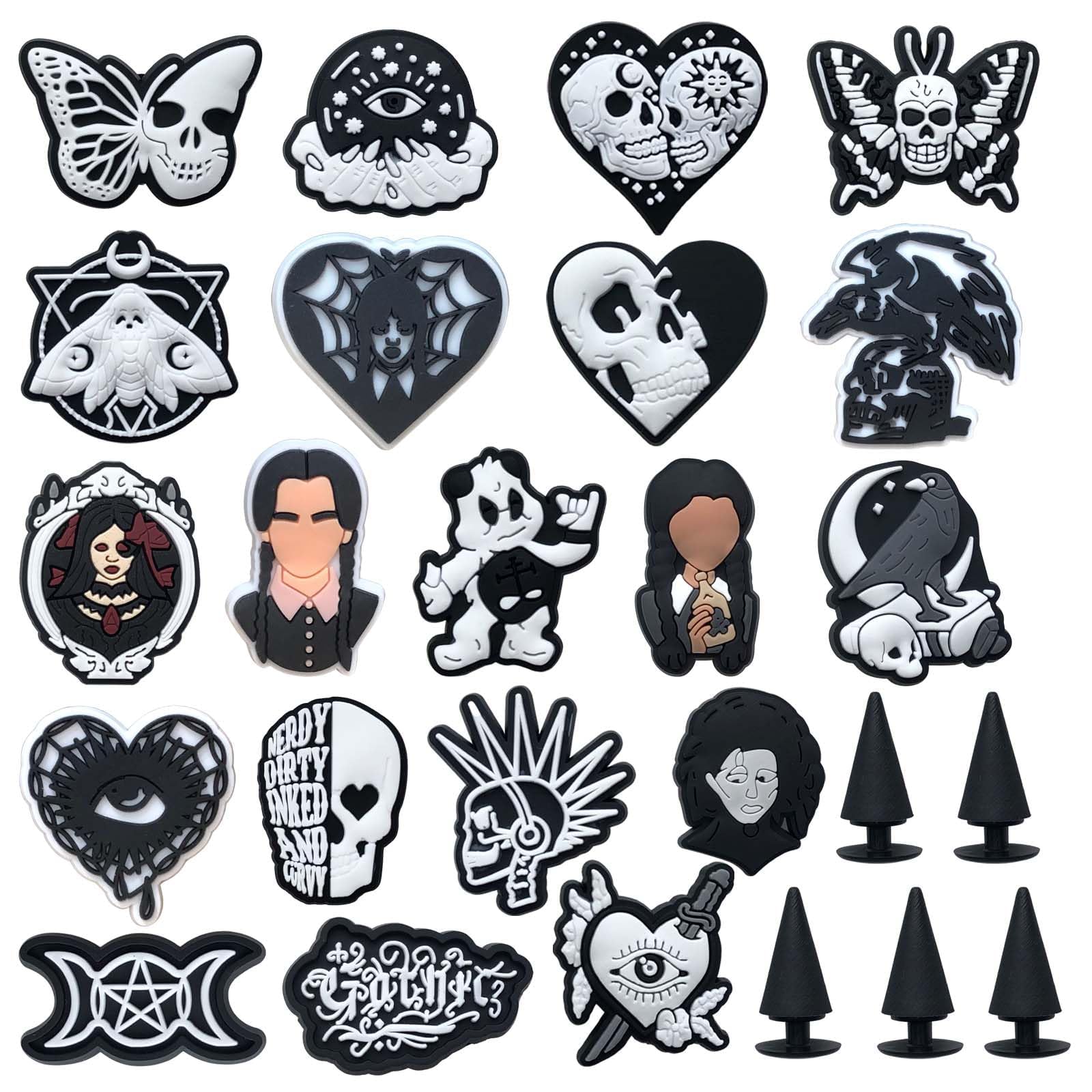 25PCS Shoe Charms for Gothic, Decoration for Croc Clog Sandals, Black & White Skull for Croc Charms Accessories for Adult Men Women Party Favor