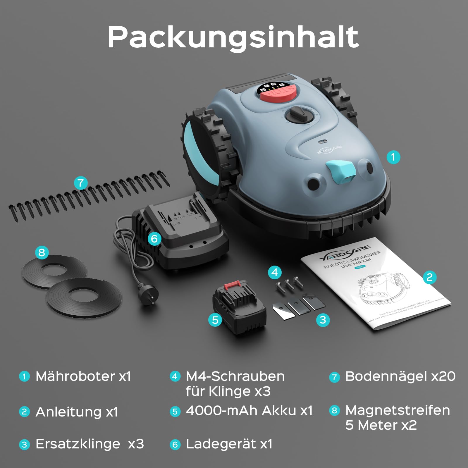 YARDCARE V100 Mähroboter ohne Begrenzungskabel, mit Vision-Navigation, Hindernisvermeidung(150 Arten), 4,0 Ah Akku Rasenmäher Roboter, Rasenroboter mit Ersatzklingen, Geeignet für kleine Gärten