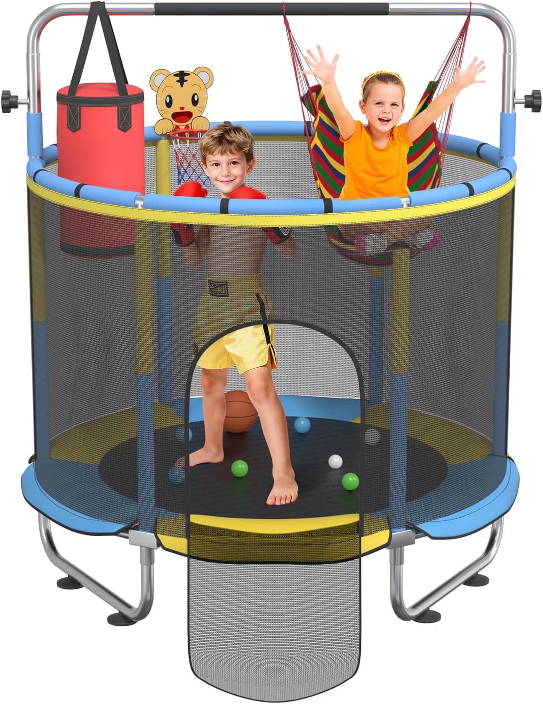 60" Toddler Trampoline for Kids, 330lbs Trampoline Indoor with Basketball Hoop,Safety Net, Birthday Gifts for Boy Girl Age 1-8