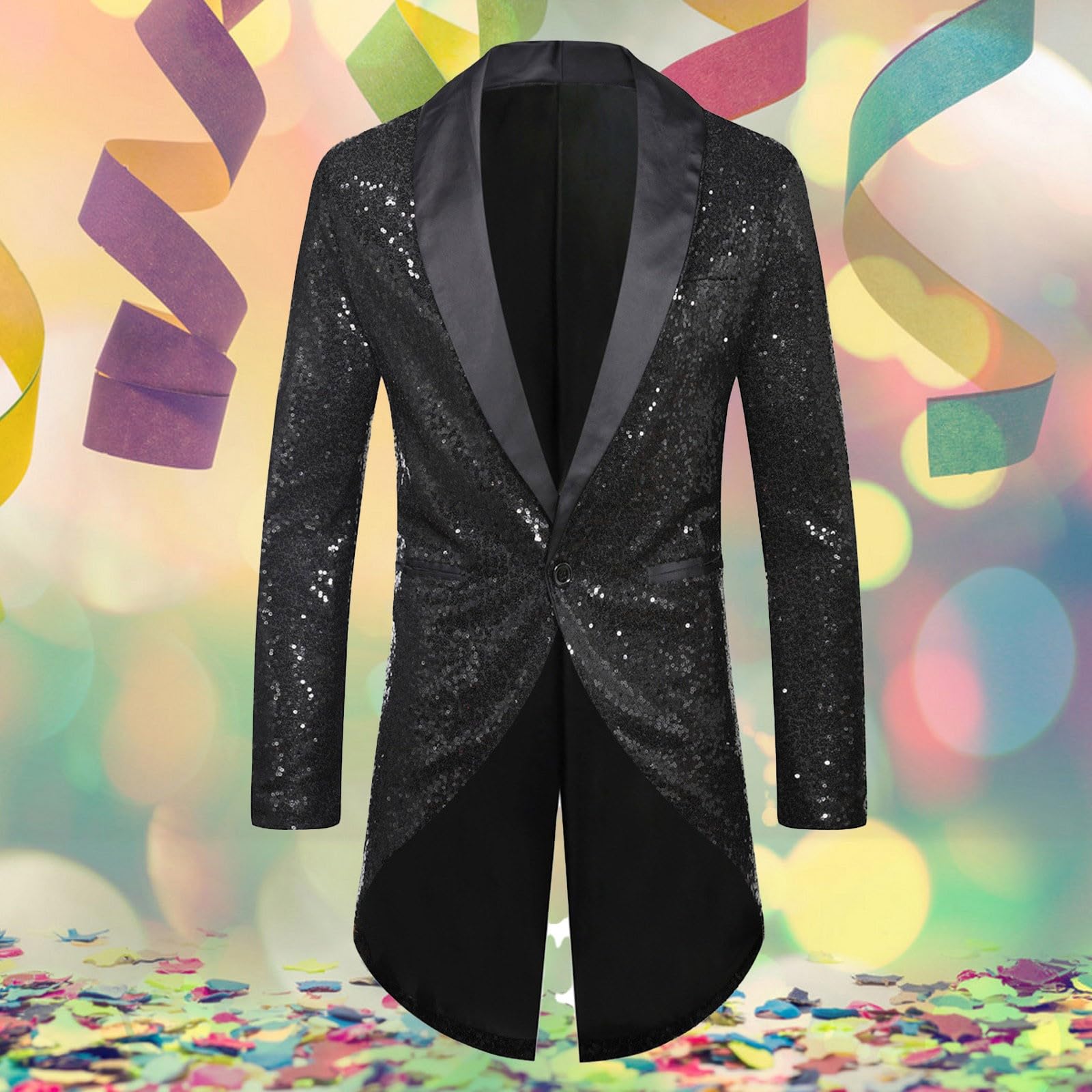 Herren Frack Pailletten, Gothic Jacke Herren Midi, Schwarz Glitzer Mantel mit Knöpft Elegant Tuxedo Mittelalter Steampunk Gehrock Viktorianische Hof Kleidung Nightclub Party Halloween Kostüm