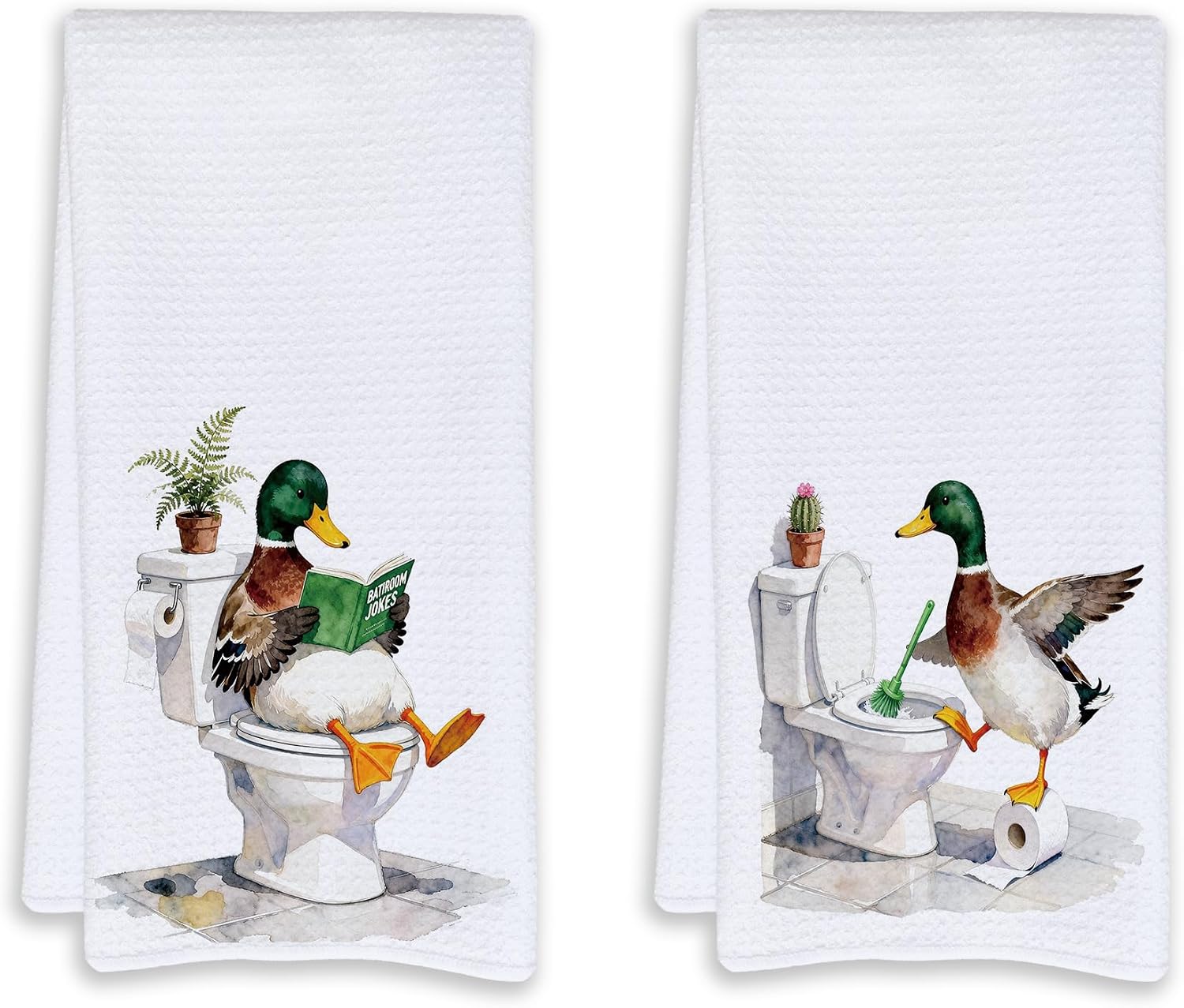 Funny Mallard Duck Bathroom Hand Towels, Duck Bathroom Decor Gifts, Quirky Farm Animal on Toilet Hand Towels for Kids Bath Room Washroom Decor, 16x24 Inch Set of 2