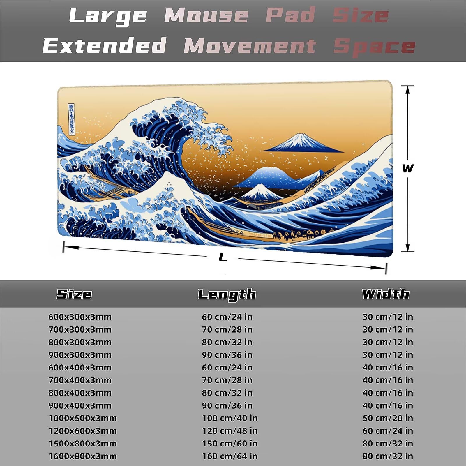 Podkładka pod mysz Japonia 1200 x 600 mm fale oceanu podkładka pod mysz duża japońska podkładka pod mysz antypoślizgowa gumowa powierzchnia szwy na krawędziach mata biurkowa do dekoracji domu biura