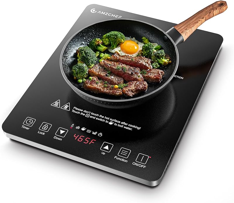 Portable Induction Cooktop, 20 Temperature & Power Levels, 1800W | 20 power levels 90W-1800W; 20 temp 120-465F; 4 preset menu; 47.2" cord; ceramic glass; touch control; 4hr timer