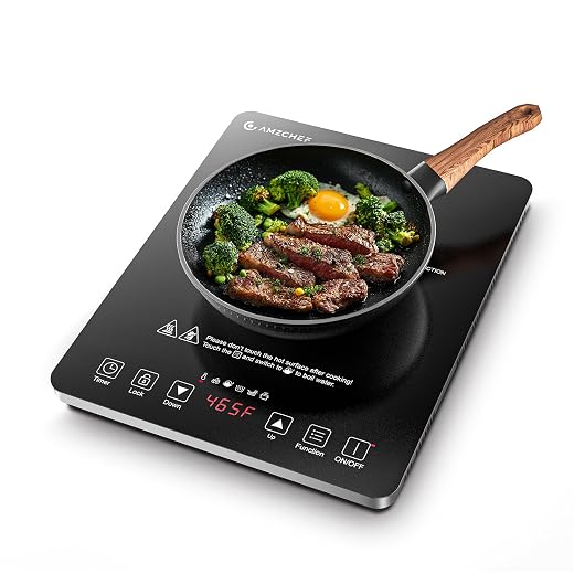 AMZCHEF Portable Induction Cooktop, 20 Temperature & Power Levels, 1800W | 20 power levels 90W-1800W; 20 temp 120-465F; 4 preset menu; 47.2" cord; ceramic glass; touch control; 4hr timer
