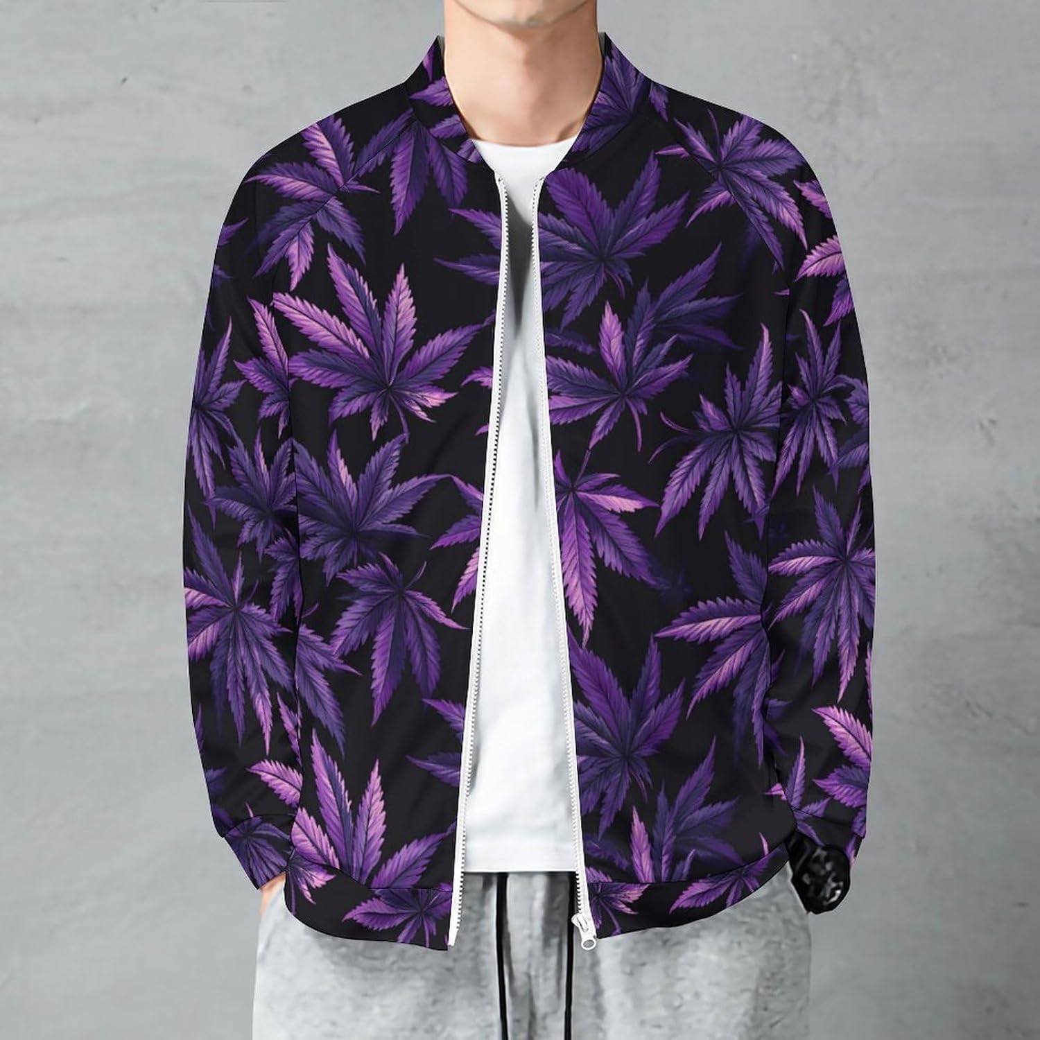 Purple Maple Leaf Weed Men's Zip Up Sweatshirt Casual Sweater Jackets Long Sleeve Tops Lightweight Coat