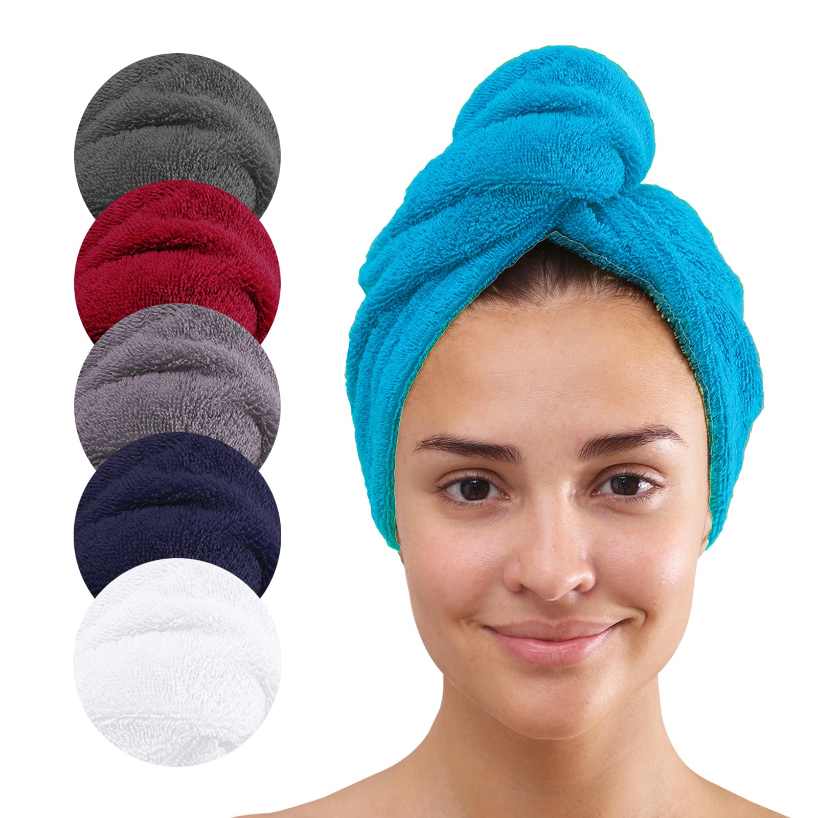 Class Home Collection Turbante turbante de pelo con botón, toalla turbante de algodón de secado rápido, color turquesa