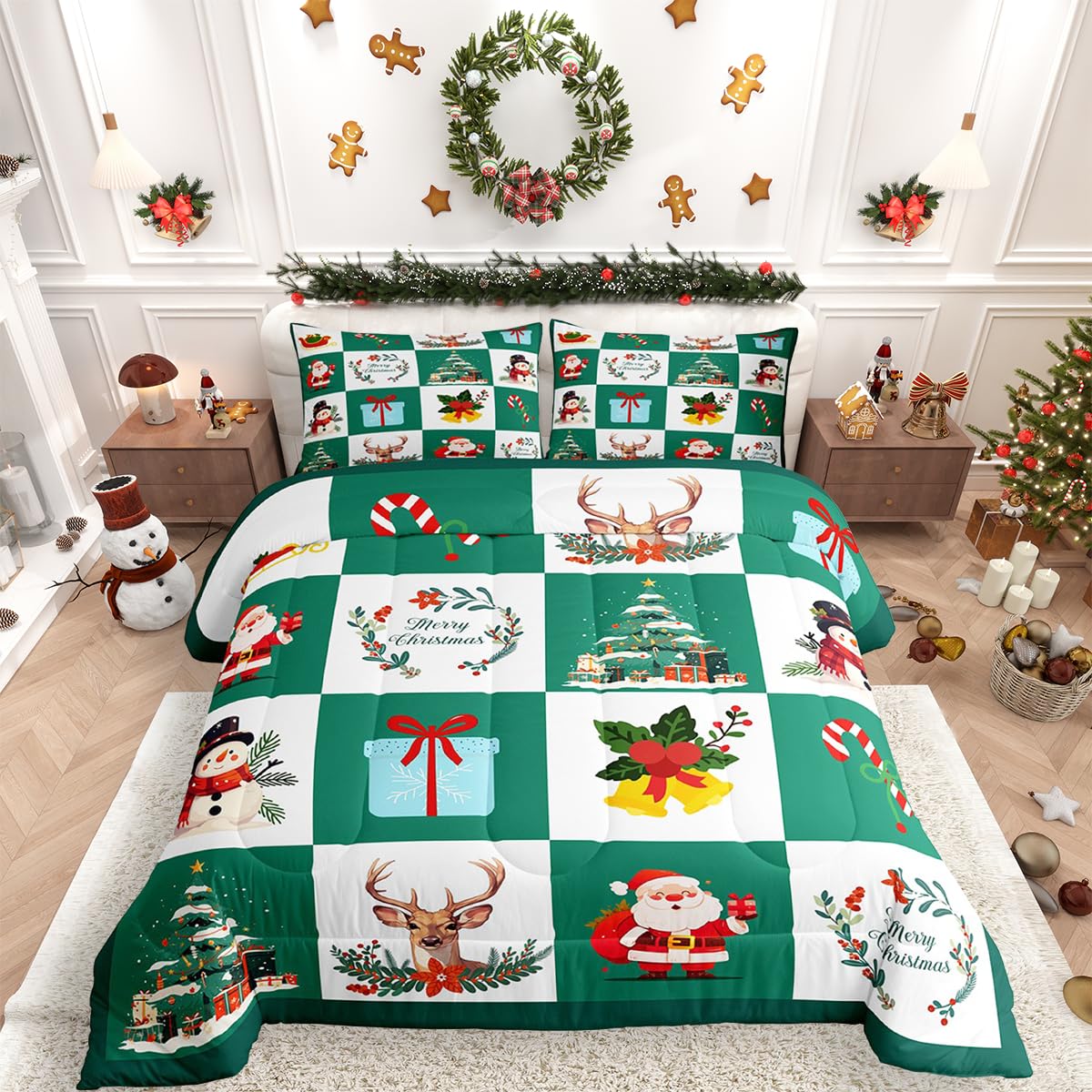 Erosebridal Merry Christmas Quilt King Size for Kids Teens Santa Claus Xmas Tree Bedding Set Cartoon Deer Snowman Comforter Set with 2 Pillow Cases
