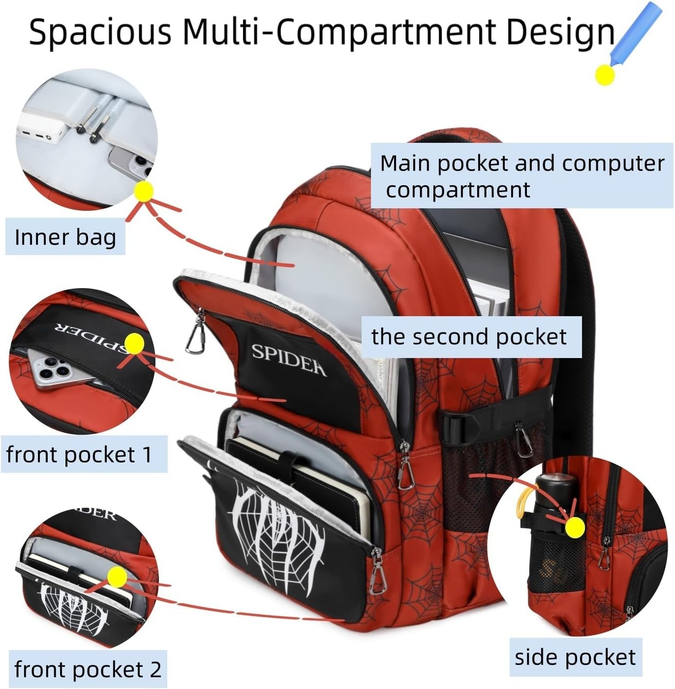 Kids Backpack Boys 18in Cool Luminous Spider Bookbag Elementary Teens School Bag Age 6-12 Compartments (Red) - Image 6