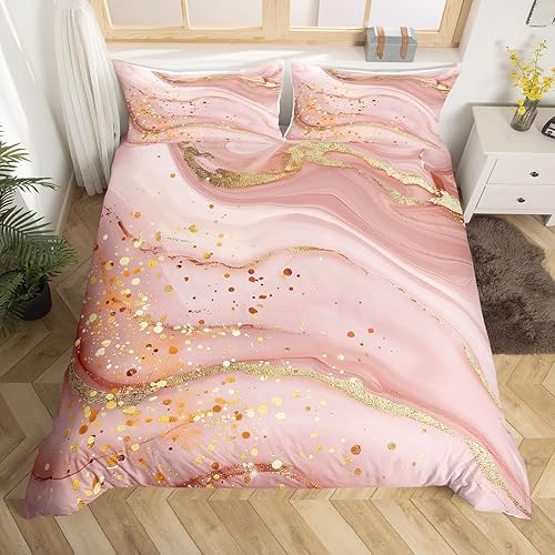Erosebridal Funda de edredón moderna de mármol para niñas y mujeres, juego de ropa de cama romántica rosa, funda de edredón dorada degradado, juegos