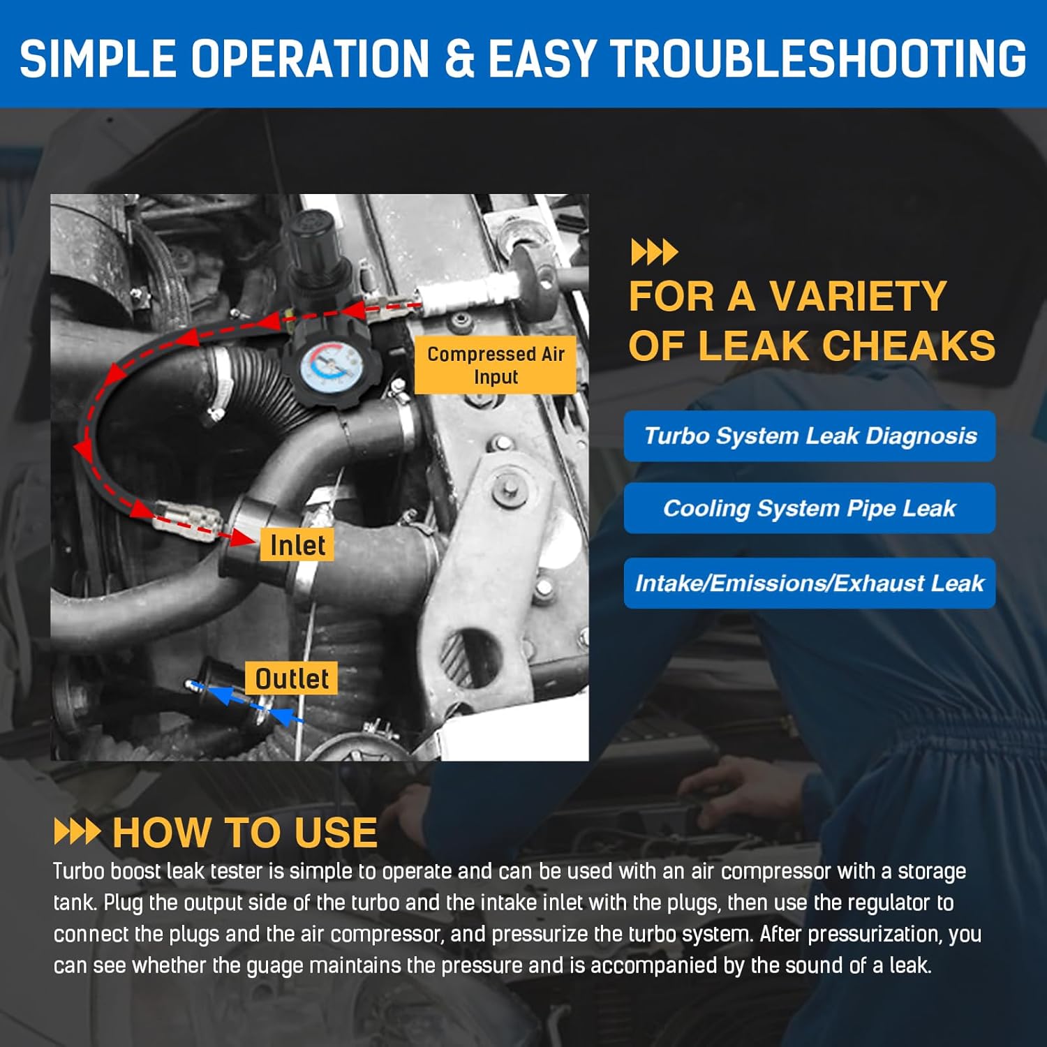 Turbo System Leakage Tester Kit, Turbo System Leak Detection with 8 Pcs Step Adapters Durable Turbocharger Turbo Boost Leak Tester 1-3/8" - 3-1/2"