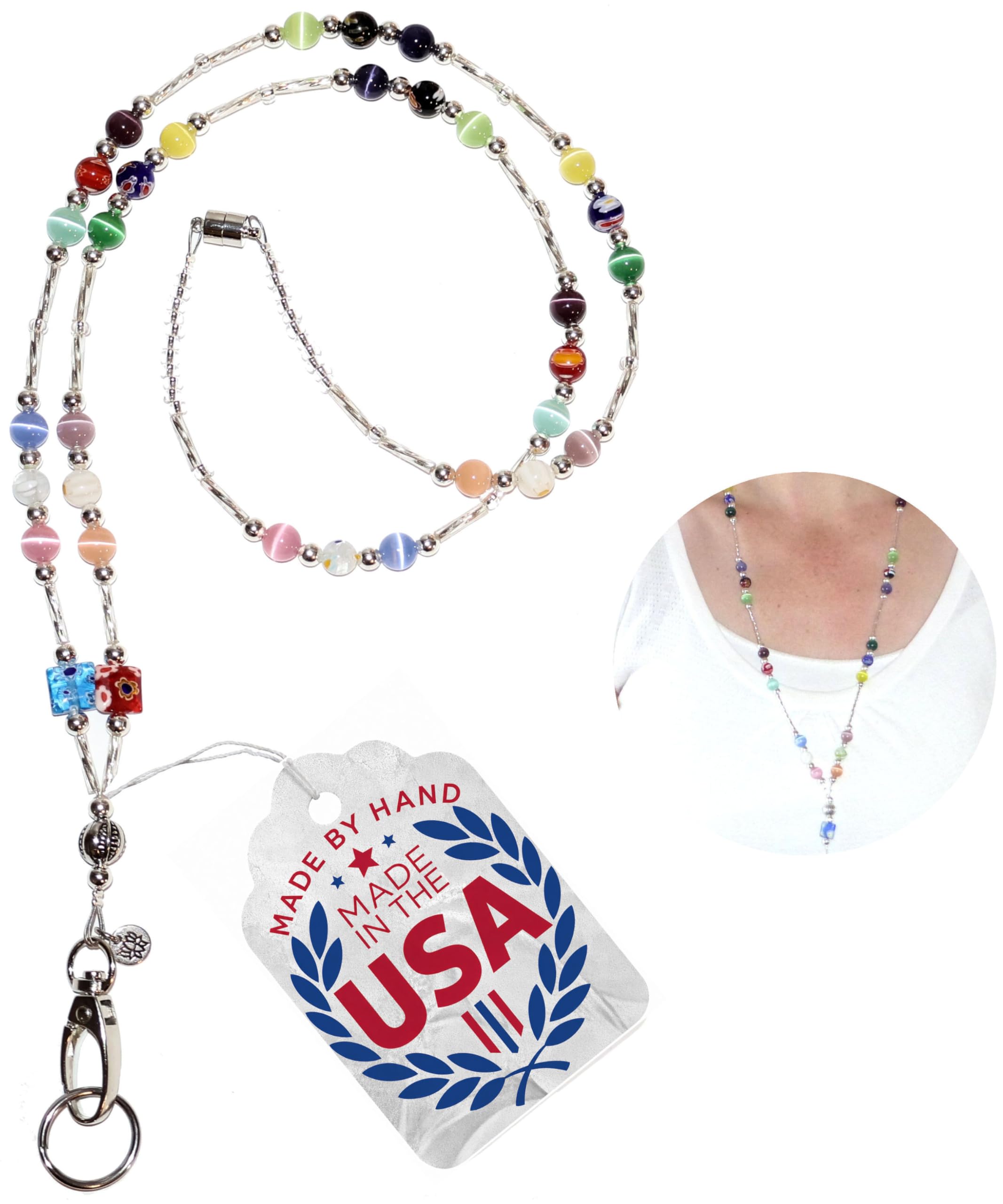 Super Slim Multi Fashion Women's Beaded Lanyard 34", Key and badge holder (Magnetic Breakaway Clasp)