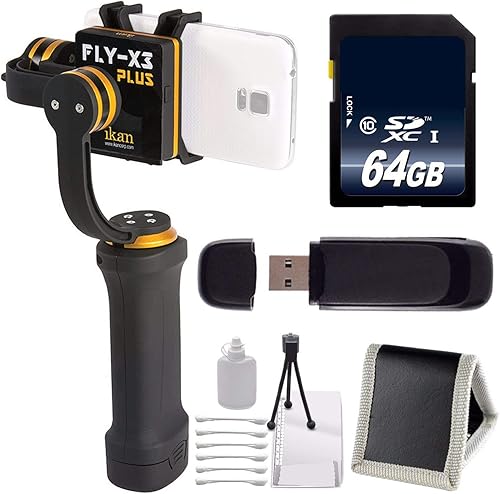 ikan FLY-X3-Plus - Estabilizador de cardán para smartphone de 3 ejes con soporte GoPro + tarjeta de memoria de 64 GB + paquete de kit de inicio de