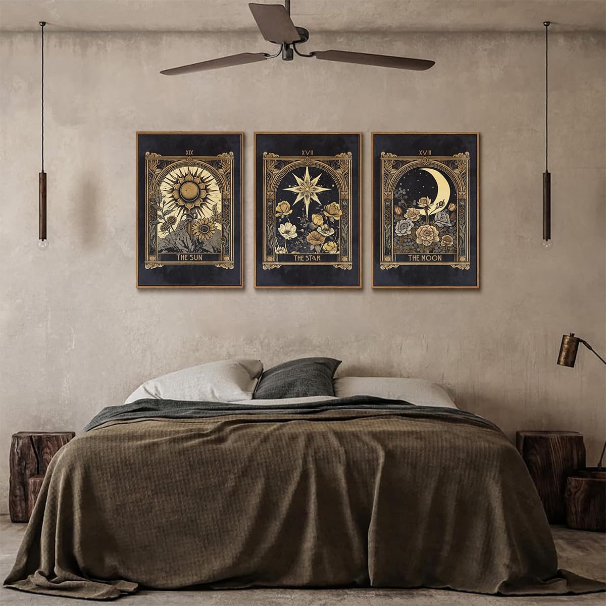 ZZTCYSU Sun and Moon Canvas Wall Art Celestial Framed Wall Art Dark Vintage Tarot Card Prints Gothic Mystical Artwork Astrology Floral Witchy Decor For Living Room Bedroom 16"x24"