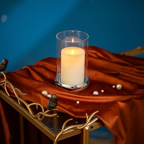 Miniatura 2 de Sziqiqi Candelabro decorativo para huracán, candelabro de cristal transparente plateado, farol cilíndrico con bandeja de metal para repisa,