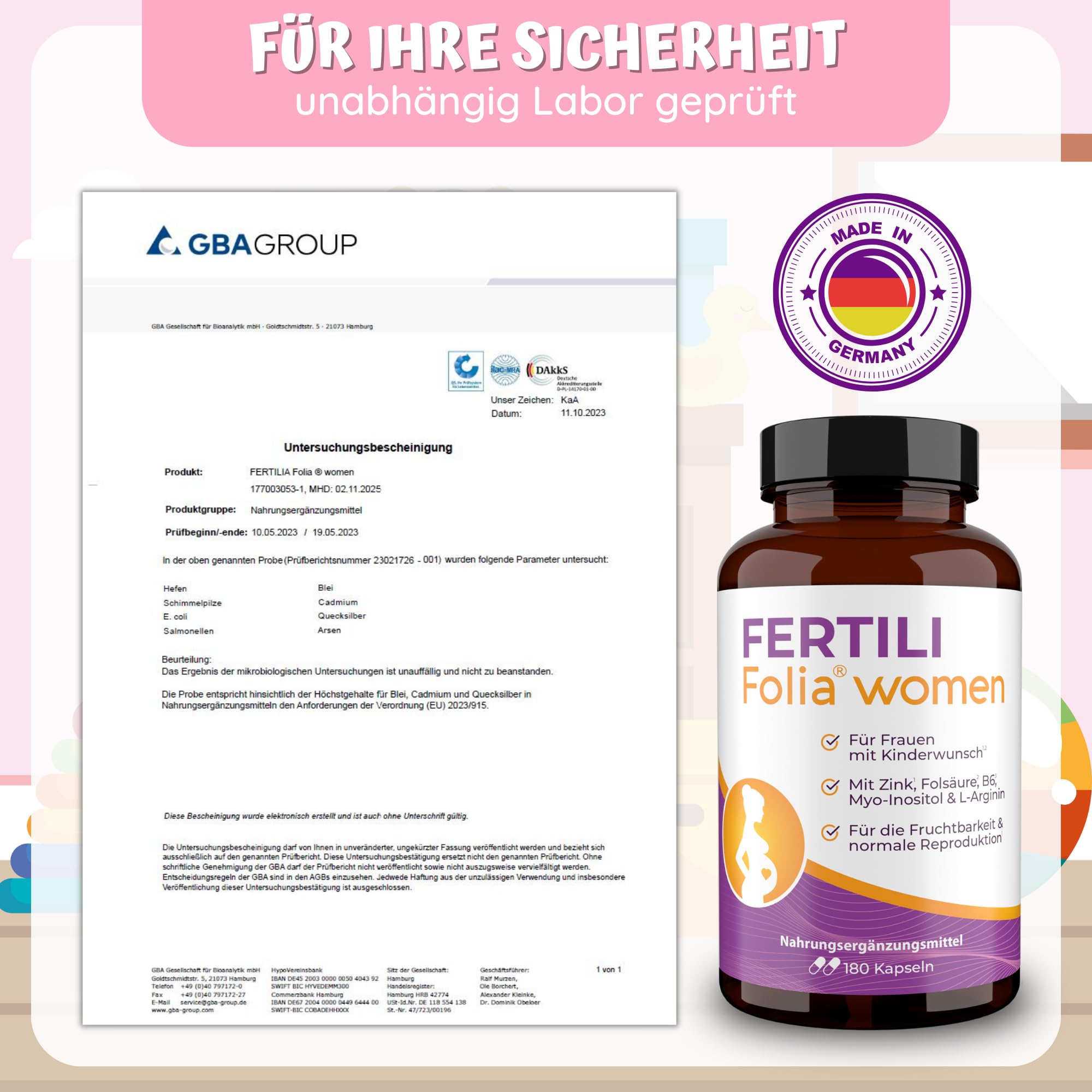 180 Kinderwunsch Tabletten Frau - 20 Mikronährstoffe darunter Schwangerschafts-Vitamine wie 880µg Folsäure Kinderwunsch Vitamine Frau + 500mg Myo Inositol - 3 MONATSPACKUNG - FERTILI Folia® women