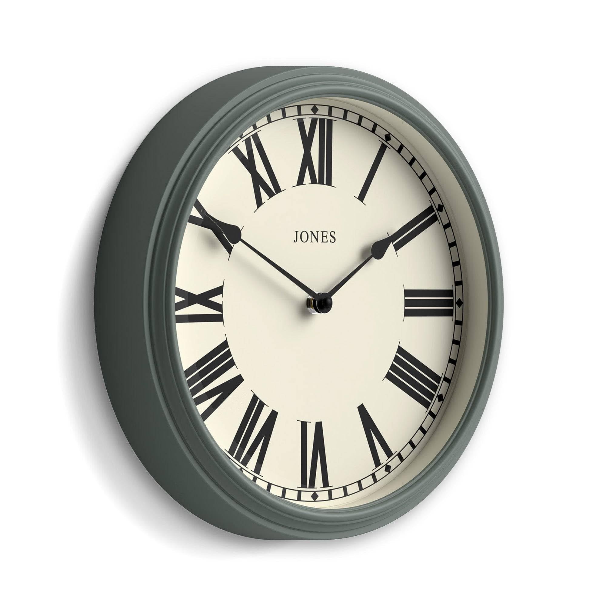 Jones Clocks® 'Hackney' wall clock | Classic round clock with roman numerals | 30cm | Asparagus Green | Ideal for the kitchen, living room, office or bedroom