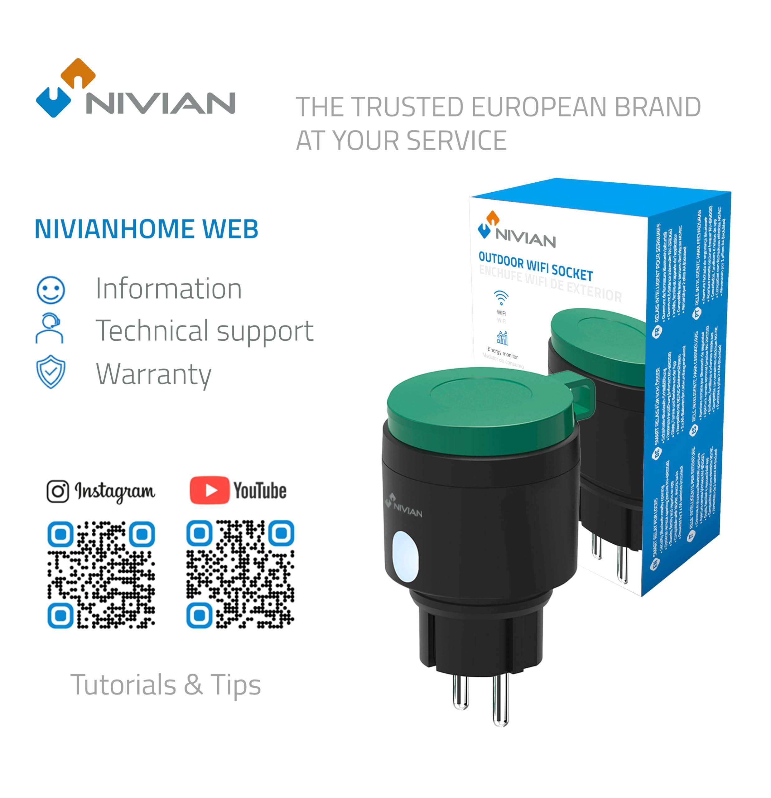 NIVIAN Presa Intelligente WiFi da Esterno IP44, Controllo Remoto con App Tuya, Monitoraggio Consumi, Programmazione Oraria e Timer, Smart Home Giardino, Compatibile con Alexa e Google, App SmartLife