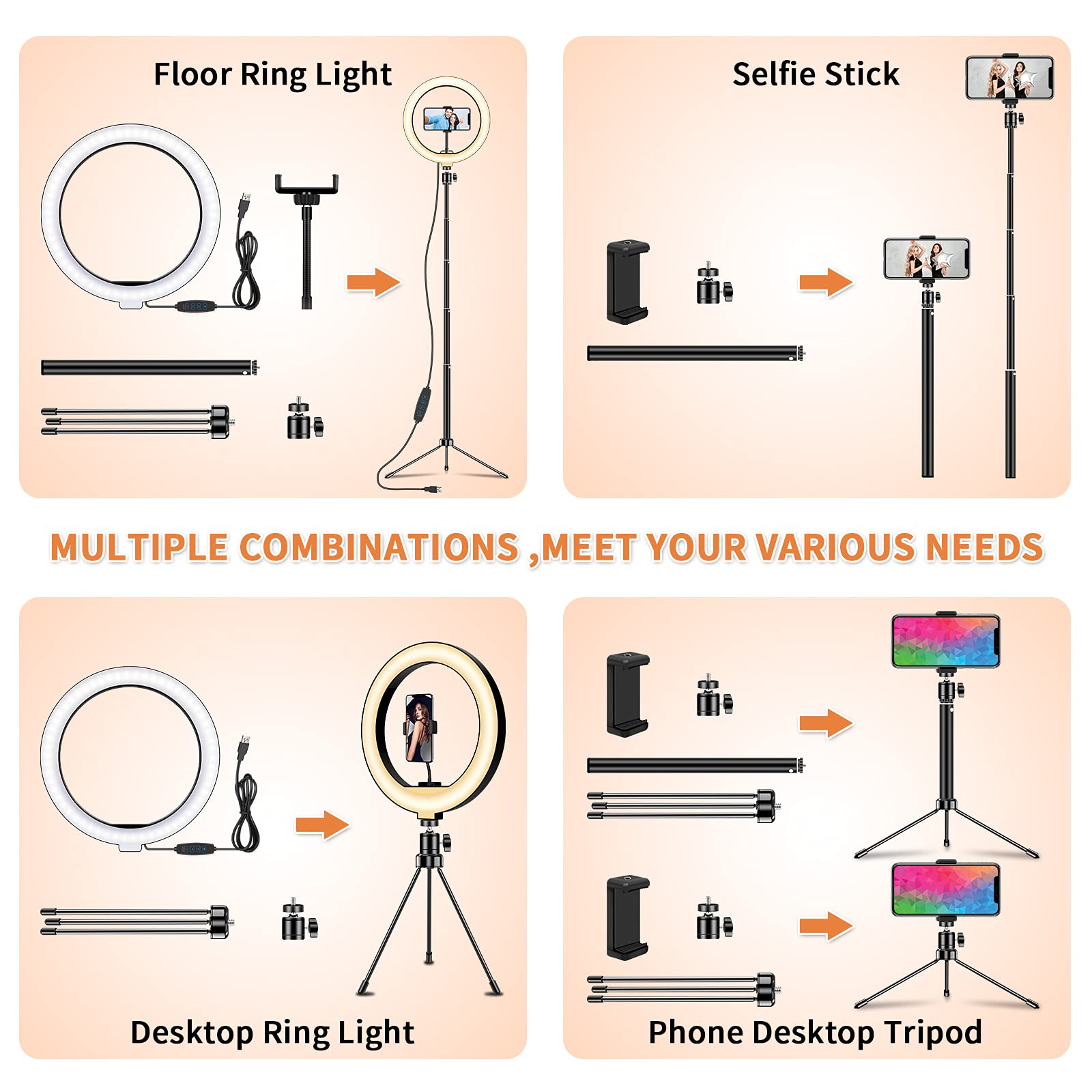 Deerfun LED Ring Light 54.4" Statyw Światło do Selfie 3 Tryby 10 Jasności Fotografia YouTube