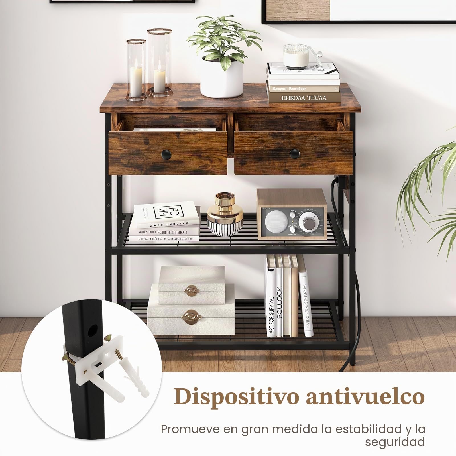 GIANTEX Mesa Consola de 3 Niveles con 2 Cajones y 2 Estantes de Metal, Mueble de Recibidor Estrecha con Estación de Carga, 81 x 30 x 81 cm, Mesa Auxiliar para Salón, Entrada (Marrón Rústico)