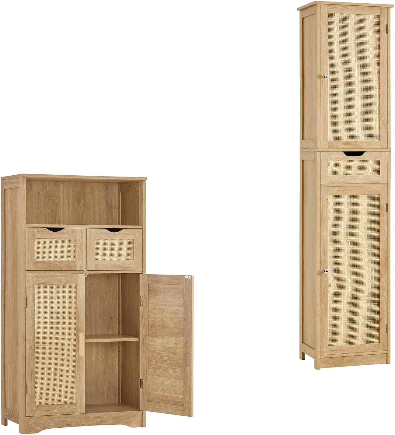 Iwell Large Storage Cabinet, Bathroom Cabinet with 2 Rattan Drawers & 2 Rattan Doors, Cupboard, Bathroom Floor Cabinet for Living Room, Home Office, Nature