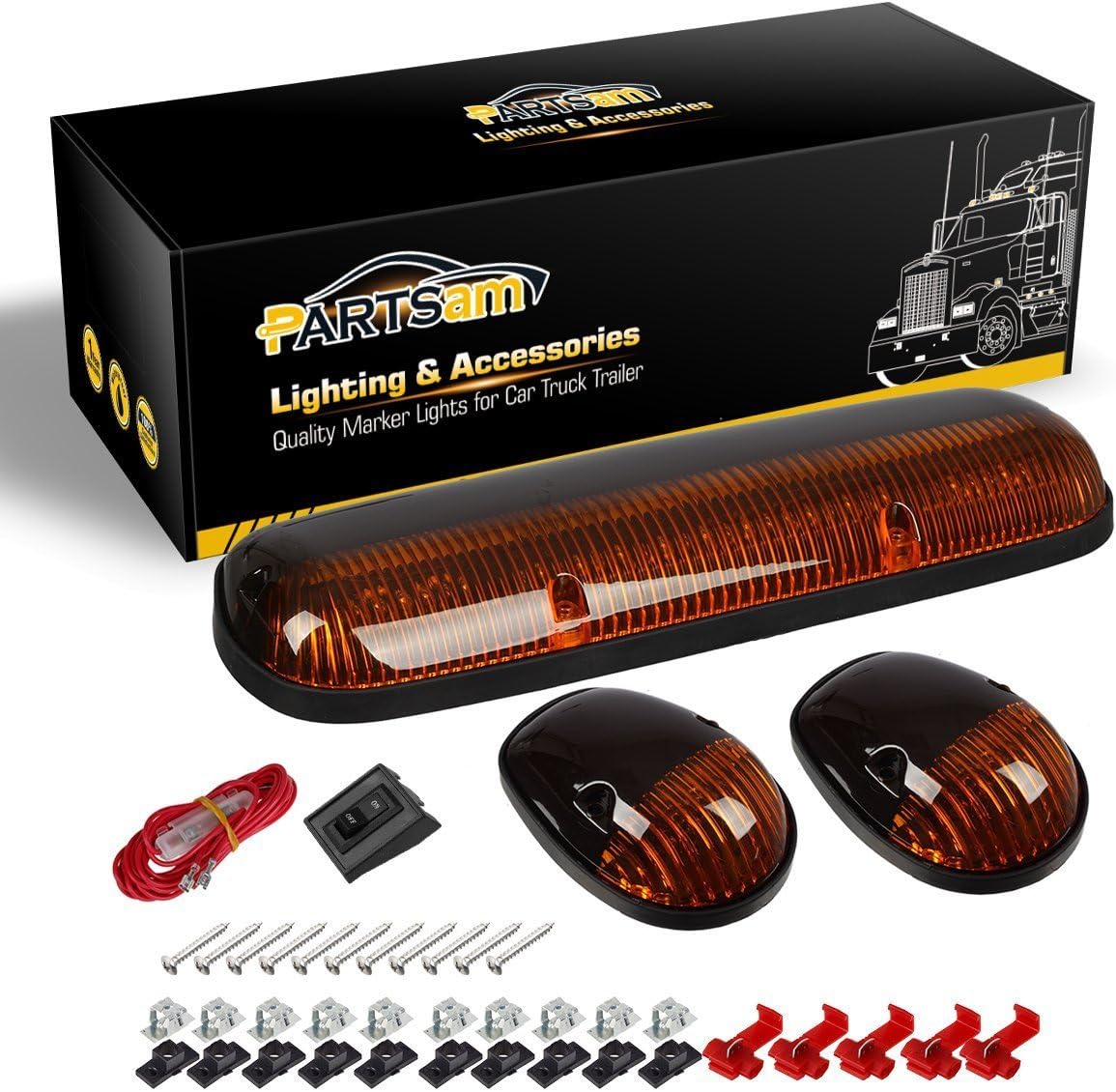 Partsam 3PCS Amber Cab Marker Roof Running Light Cover + Base w/Wire Harness Compatible with Silverado/Sierra 1500 1500HD 2500 2500HD 3500 2002 2003 2004 2005 2006 2007 Pickup Trucks