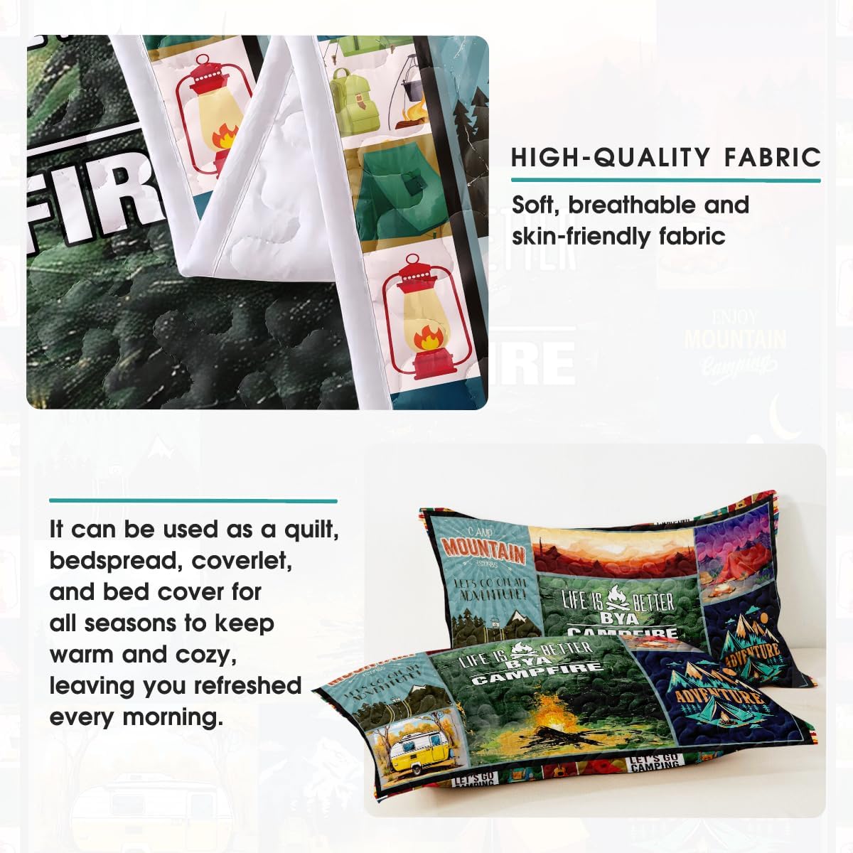 Life is Better by A Campfire Camping Quilt Sets Camping Bed Set Bedding Queen Quilt Set Bed Spreads King Queen Twin Throw Size Soft Comfortable Lightweight for Boy Girl Camping Lovers