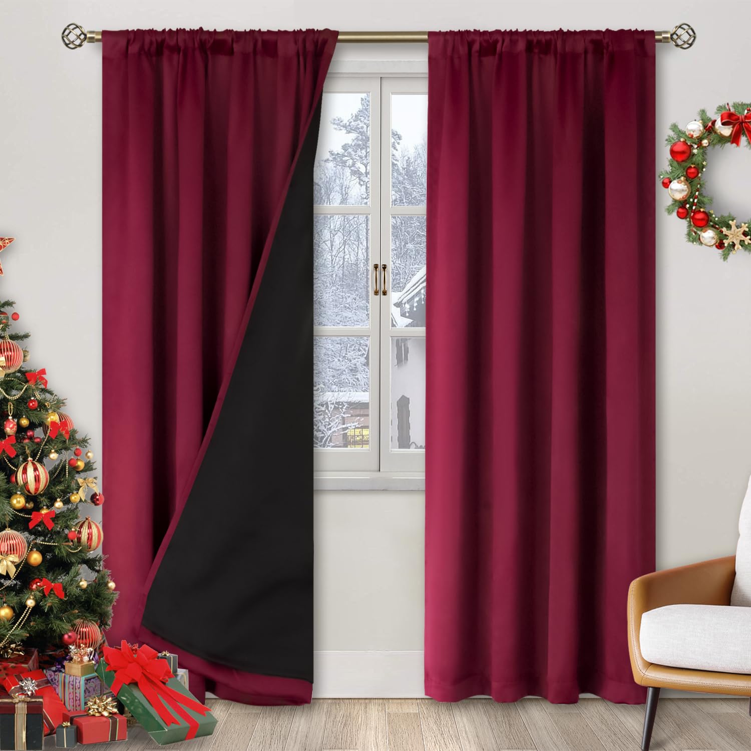 BGment Christmas Burgundy Red Blackout Curtains for Bedroom 84 Inch Length, Rod Pocket 100% Blackout Curtains with Thermal Liner Decorate Curtains for