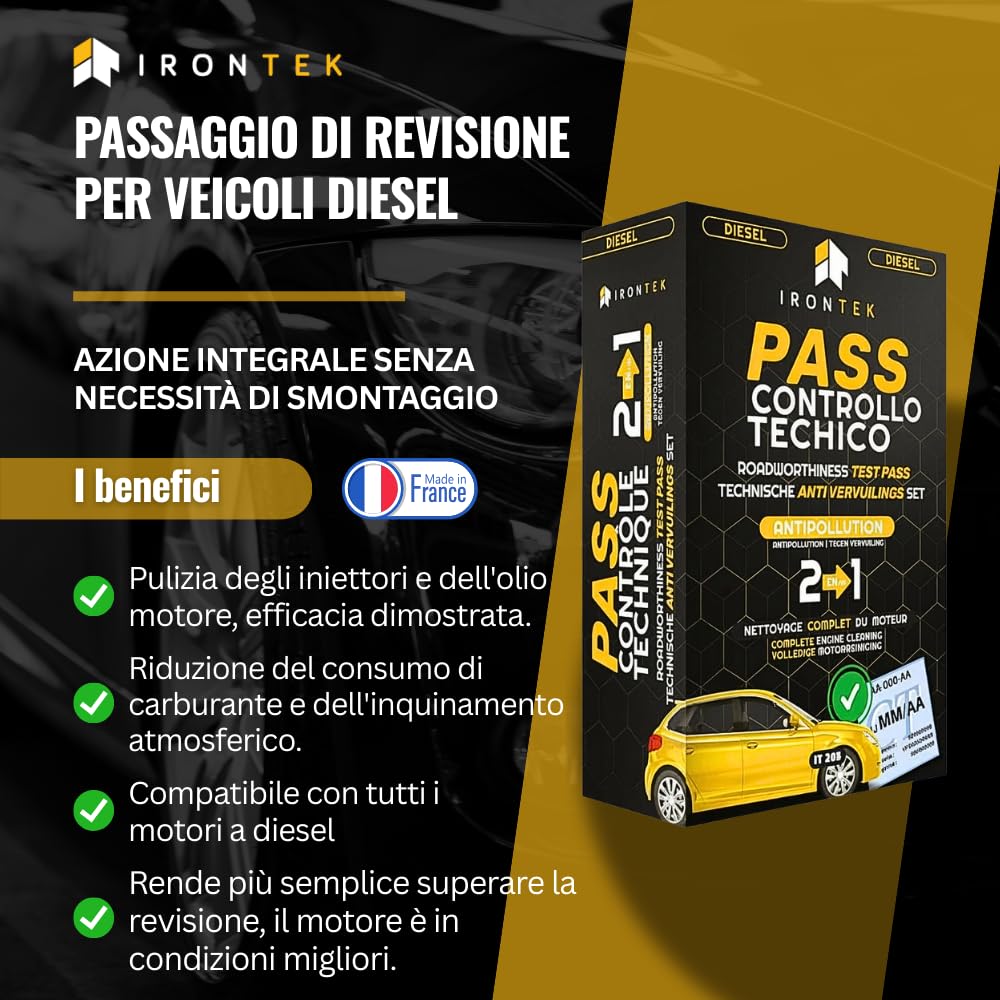 Kit Additivo Diesel Pass Controllo Tecnico - IRONTEK - 2x300ml | IT205 | Pulitore Iniettori | Trattamento Olio Motore | Riduce Emissioni | Azione in 300 km