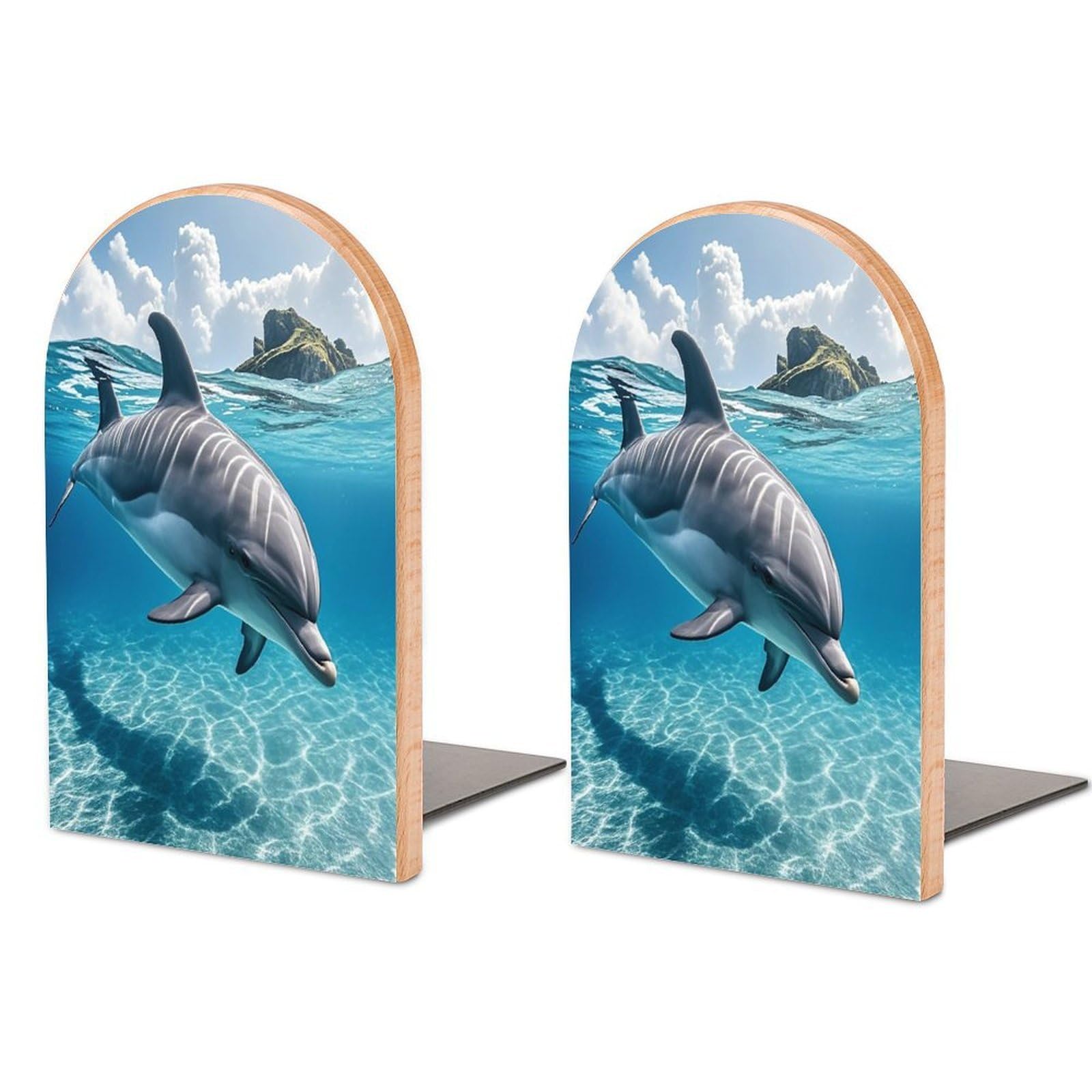 Dolphin in The Ocean Bookend for Shelves Unique Book End Sturdy Books Holder Heavy Duty Wooden Bookends Support Non-Slip Book Organizers Decorative Modern Bookend Holder for Home