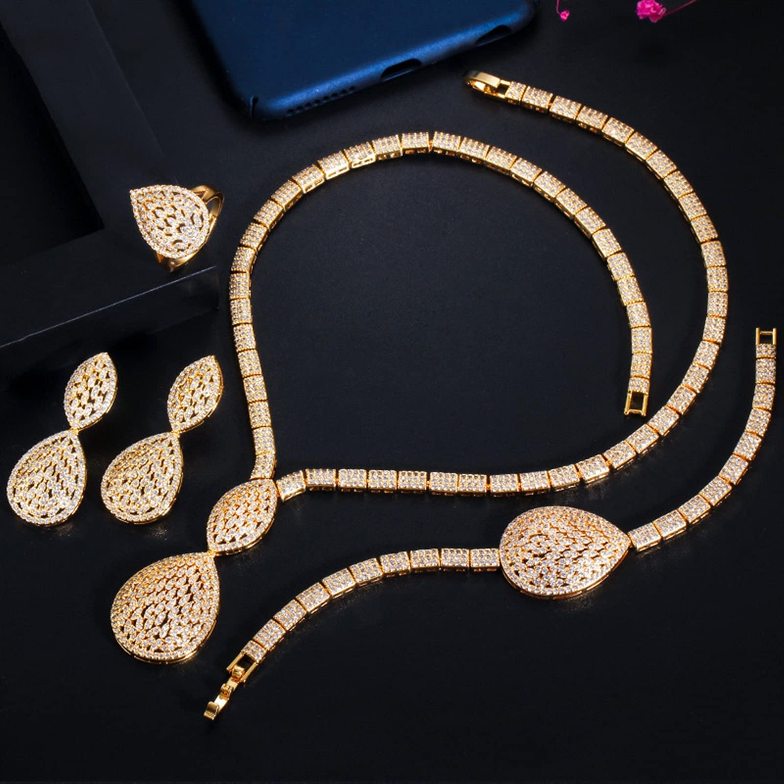 Schmuck Wassertropfen Frauen Party Ohrring Armband Ring Halskette 4 Stück Sets Gold Hochzeit Kostümschmuck