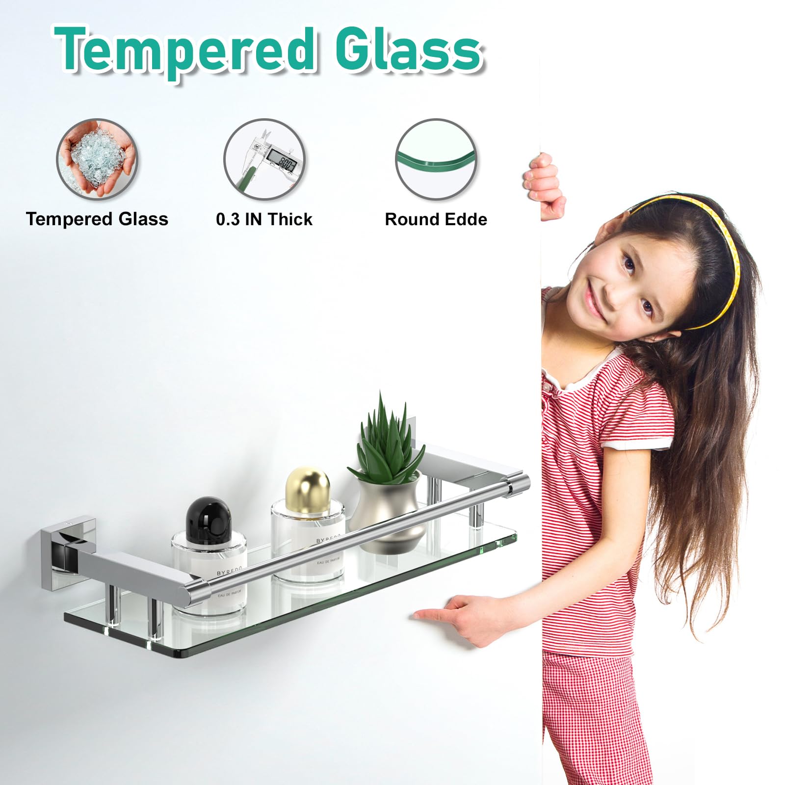 SFGSOWOR Glass Shelves for Wall, Chrome Stainless Steel & Tempered Glass Glass Shelf for Bathroom, Shelf Sink Over Toilet Bathroom Organizer (16-inch, Polished)