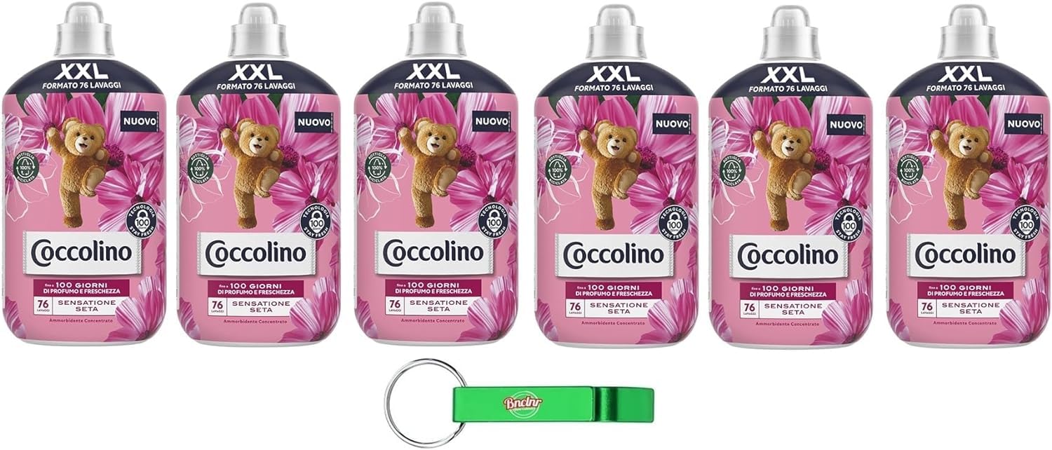 6 X Coccolino XXL Ammorbidente Concentrato Sensazione Seta, ammorbidente concentrato, 76 lavaggi, 1750 ml + portachiavi Beni Culinari