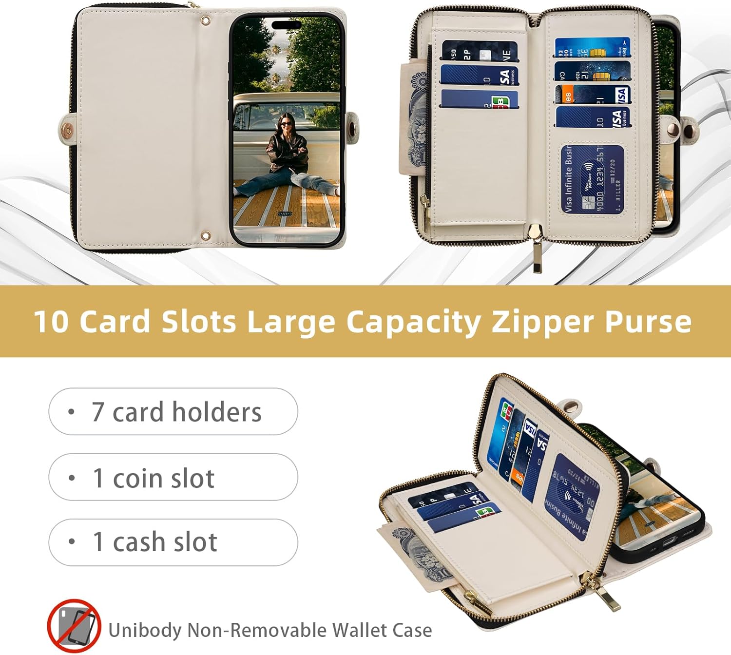 Rssviss Crossbody Case for iPhone 17 Case Wallet, RFID Blocking Leather with Card Holder Kickstand, Handbag Zipper Flip Cover with Wrist Strap for iPhone 17 Men Women 6.3", White - Image 2