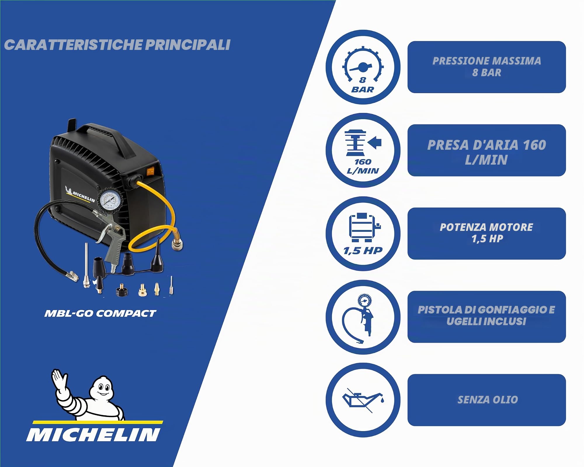 Michelin Compressore d'Aria Portatile MBL-GO COMPACT, Compressore Aria Oil-Free con Tubo Flessibile, Pistola di Gonfiaggio con Manometro, Pressione Massima 8 Bar, Tubo Avvolgitore Automatico, 1.5 CV
