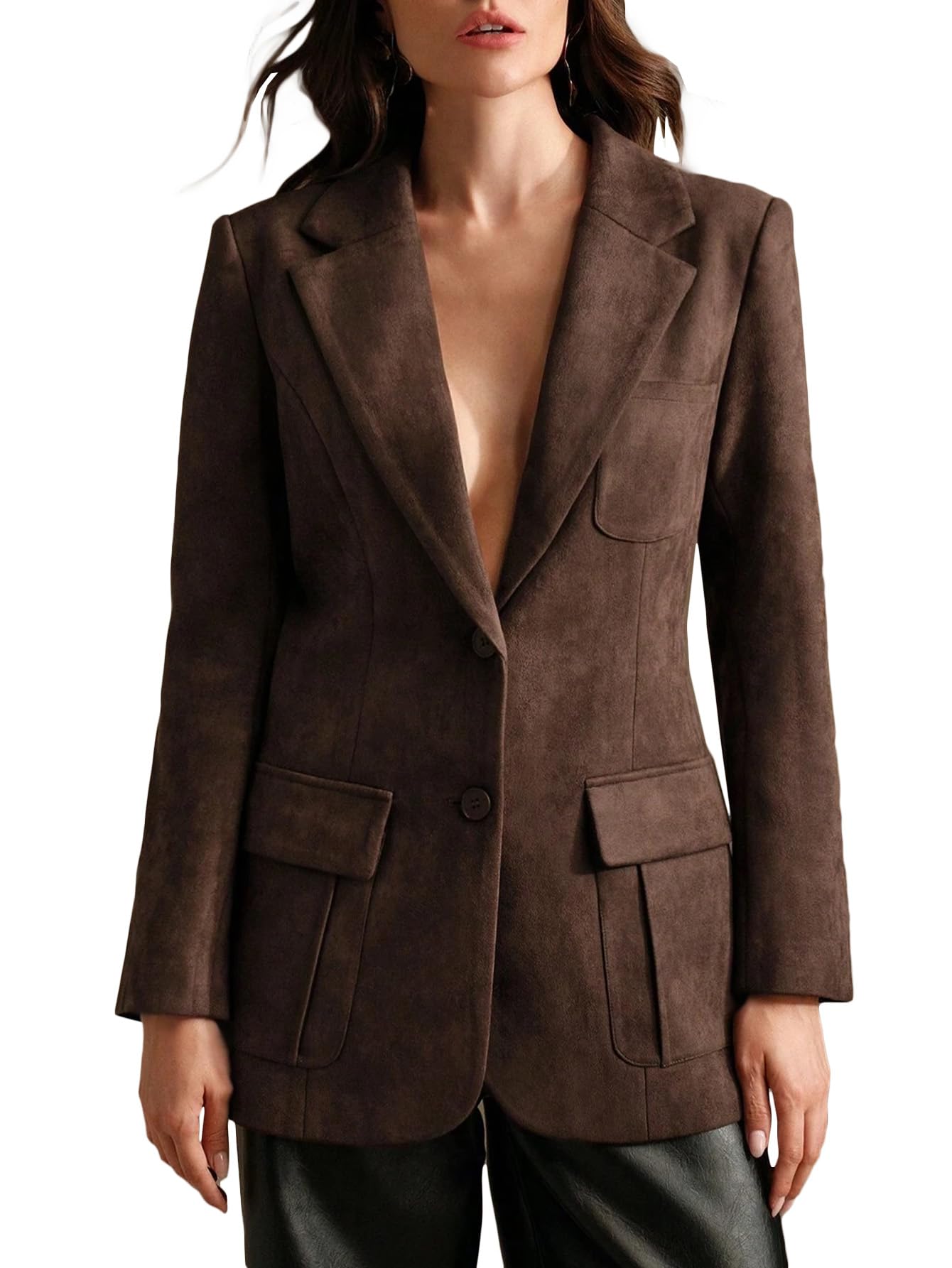 Mina Self 2025 Fall Winter Womens Faux Suede Blazers Dressy - Office Work Casual Lapel Long Style Jackets