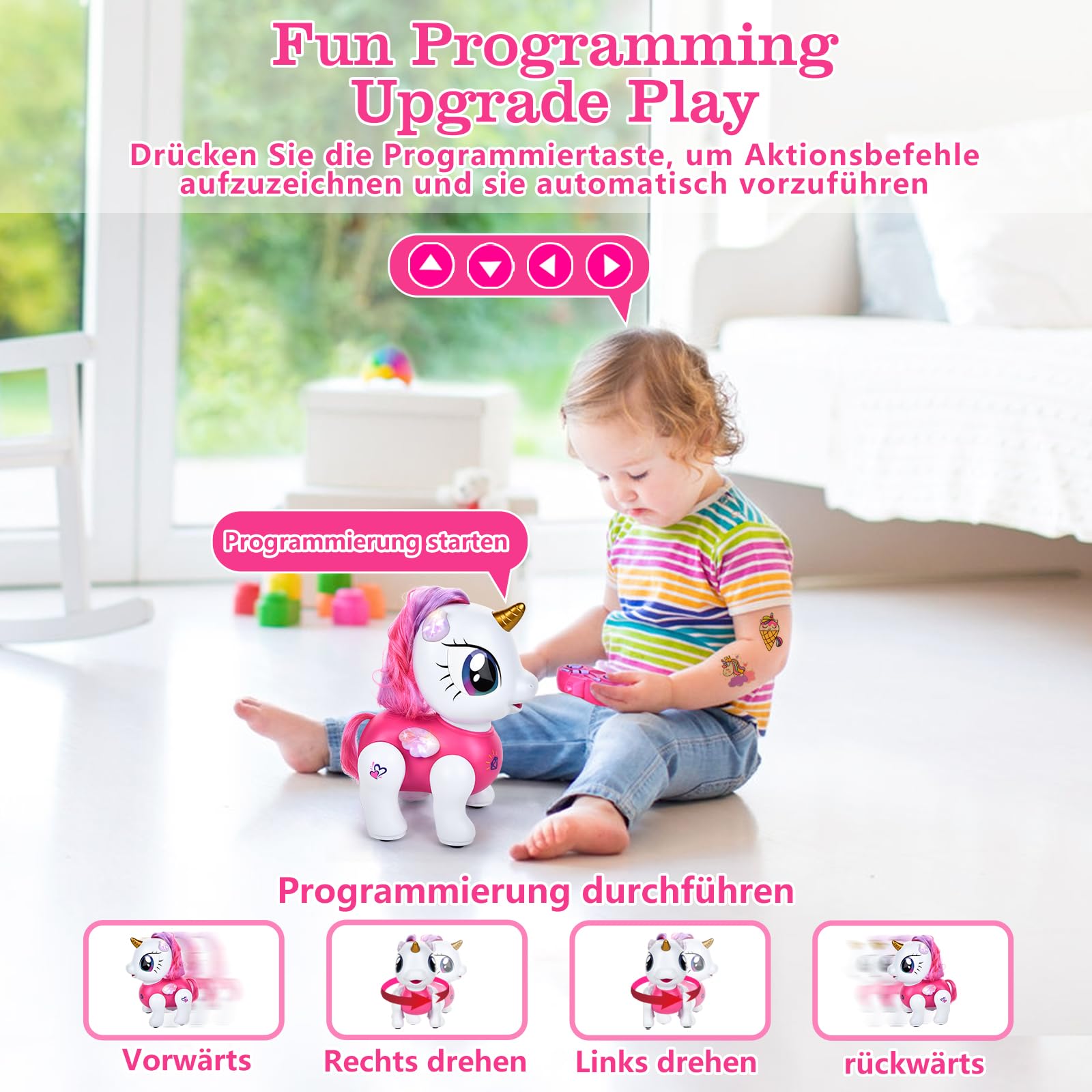 Joellfuner Einhorn Roboter für Mädchen, Ferngesteuertes Einhorn Roboter Spielzeug mit Tanz & Musik, Tonaufnahmen und Programmierbarer, Interaktiver Spielzeug Geschenk für Kinder ab 3 Jahre