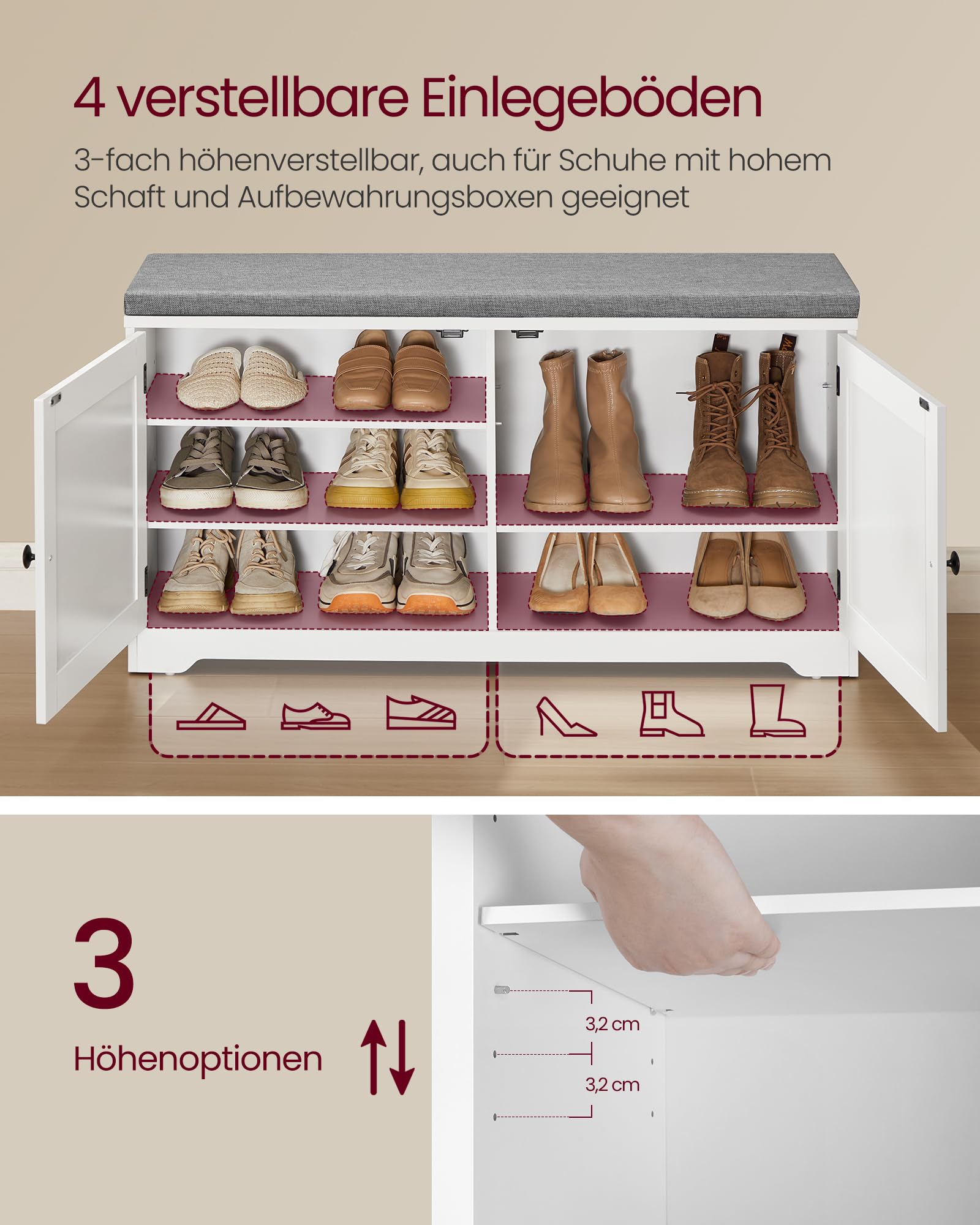 VASAGLE Schuhbank Wandgarderobe Set mit Spiegel, 10 Doppelhaken, Schuhschrank verstellbare Ablagen, Doppeltüren, Sitzbank, Sitzpolster abnehmbar, 101 cm breit, wolkenweiß LSC011W01
