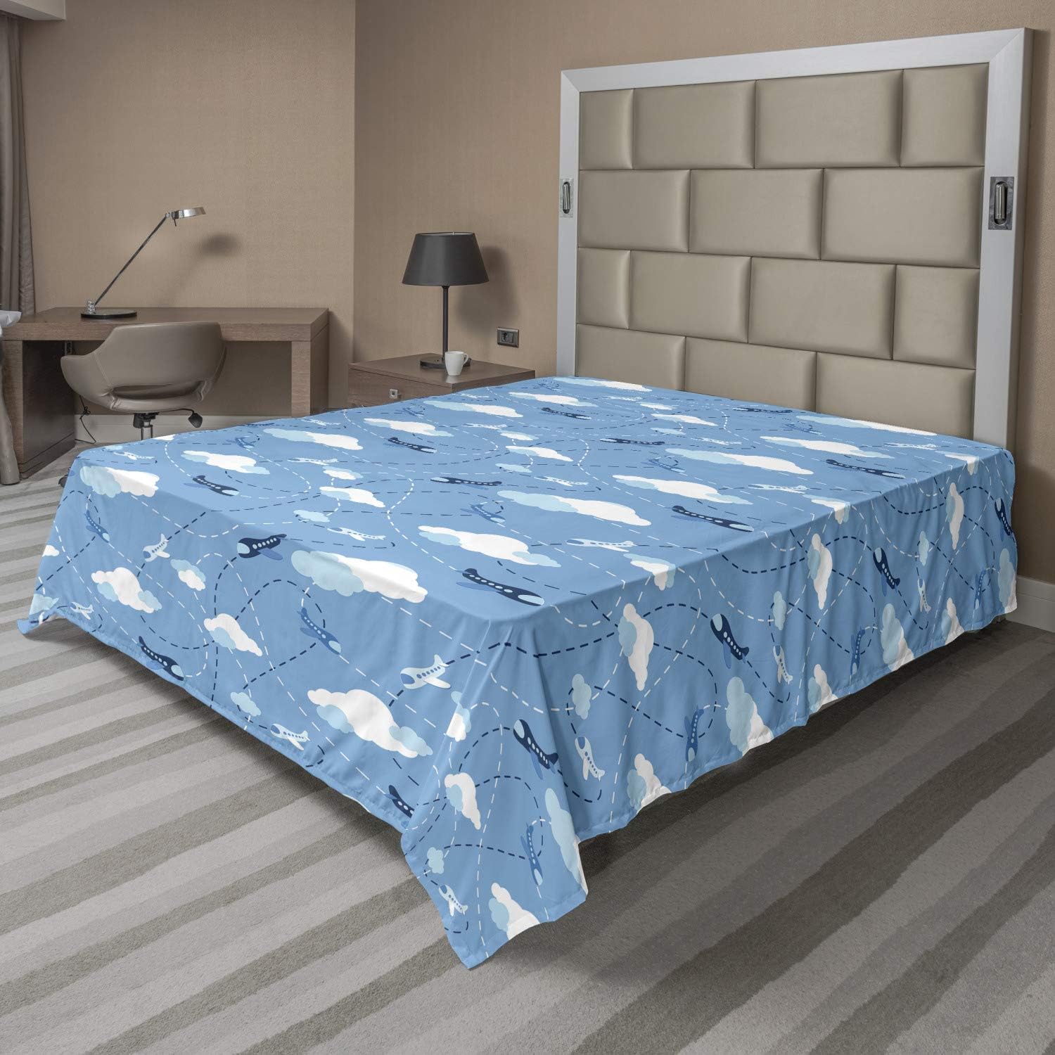 Ambesonne Cartoon Airplane Flat Sheet, Cloudy Atmosphere Sky Scenario Plane Pattern with Cold Tones Art, Soft Comfortable Top Sheet Decorative Bedding 1 Piece, Full Size, Dark Blue White Blue